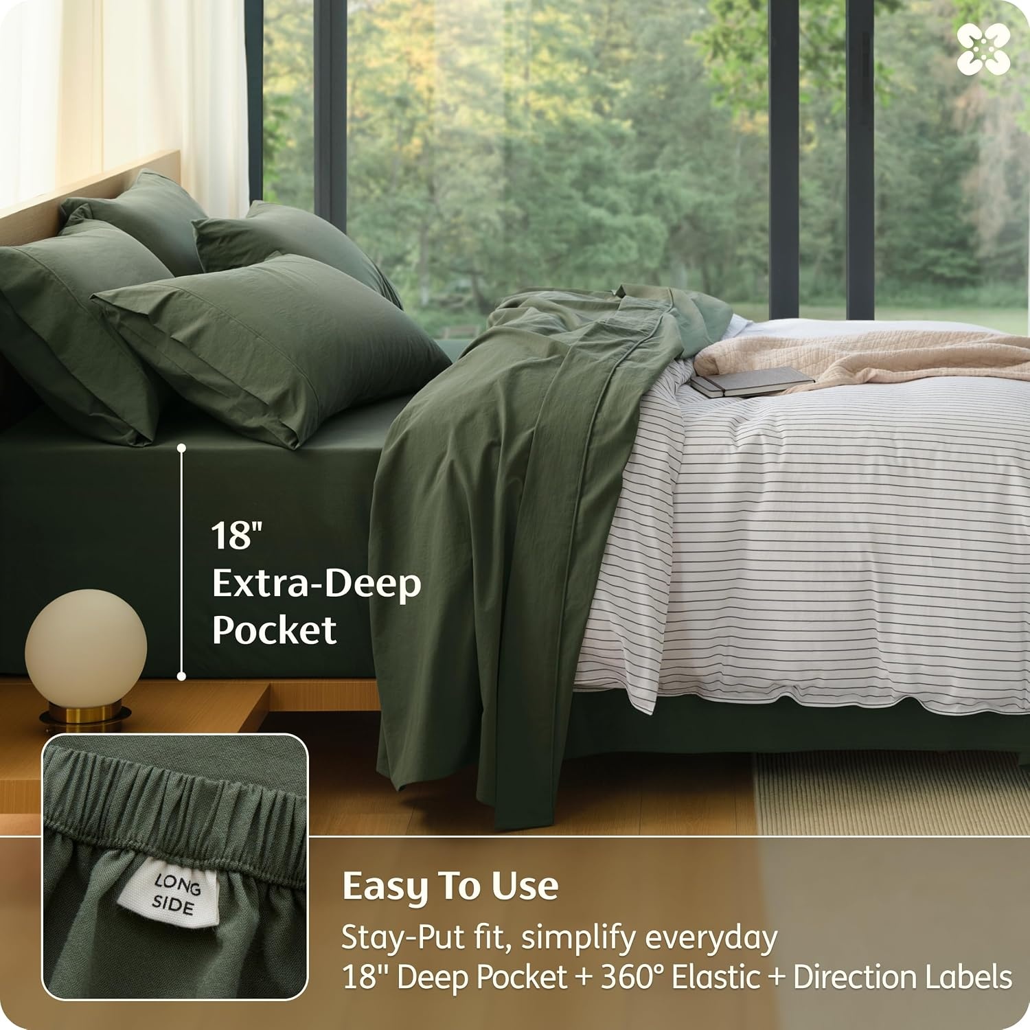 image:imageBedsure PureWoven Gingham Sheets 100 Washed Cotton Queen Brown 6PCS LinenLike Percale Sheets Breathable amp Relaxed 18 Deep Pocket Rustic Minimalist Farmhouse Checkered YarnDyed PlaidOlive Green