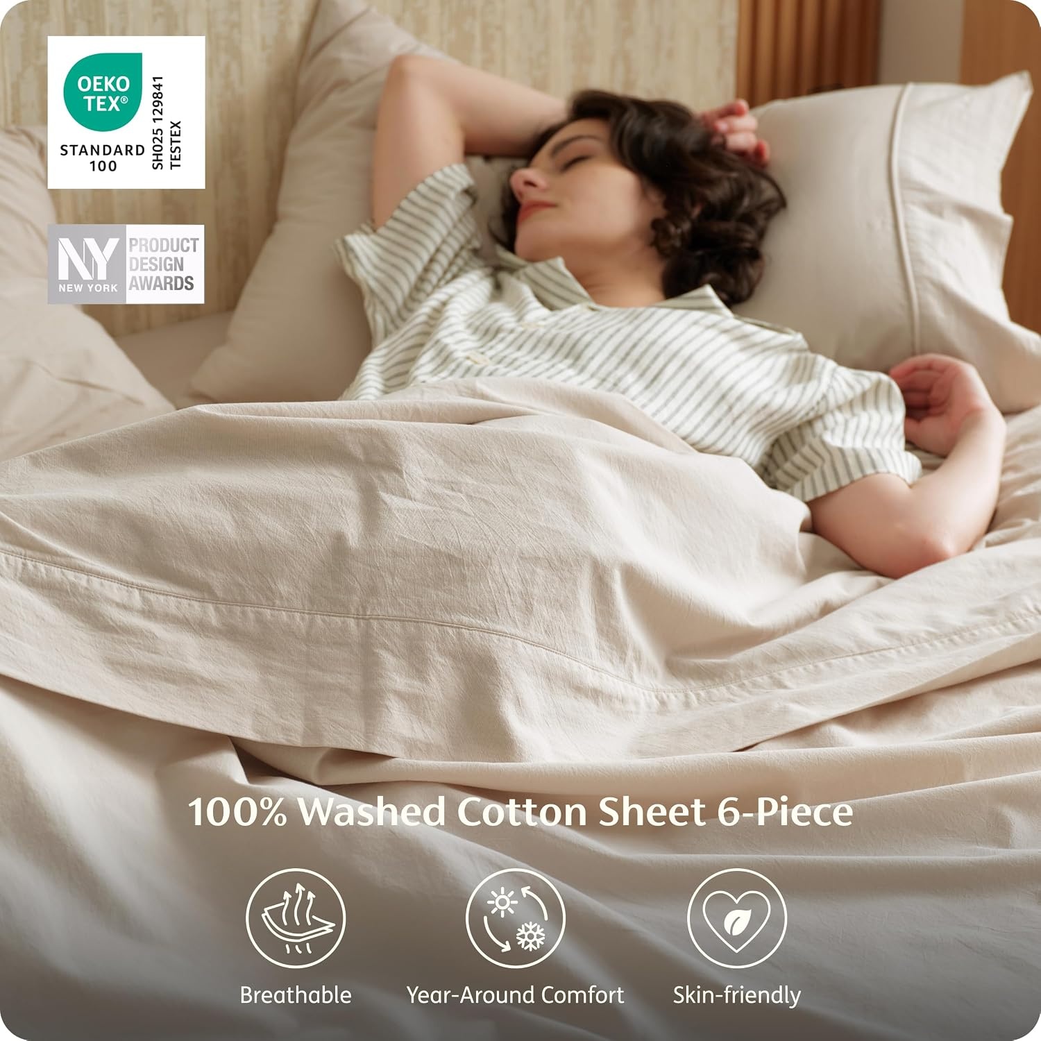 image:imageBedsure PureWoven Gingham Sheets 100 Washed Cotton Queen Brown 6PCS LinenLike Percale Sheets Breathable amp Relaxed 18 Deep Pocket Rustic Minimalist Farmhouse Checkered YarnDyed PlaidLinen Beige