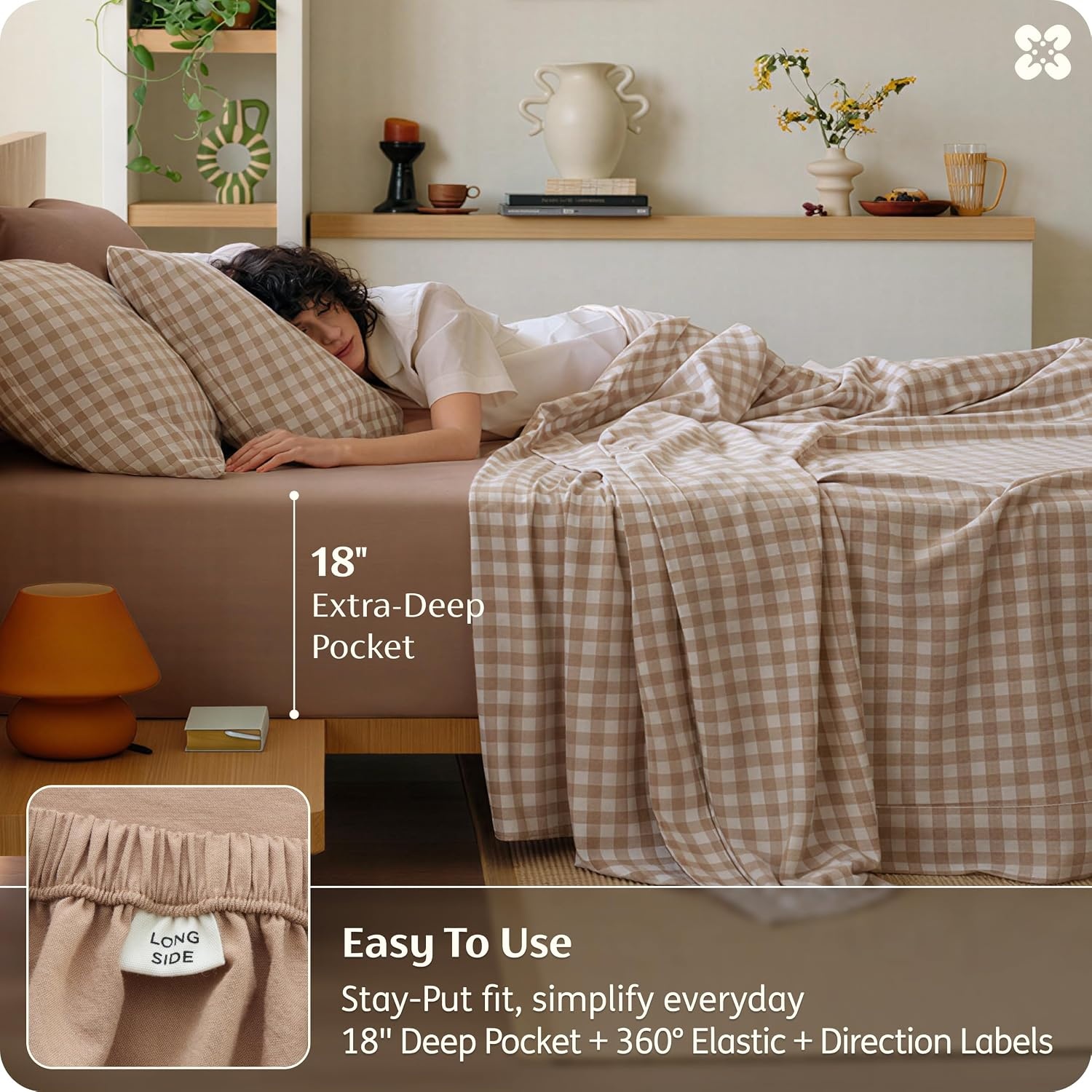 image:imageBedsure PureWoven Gingham Sheets 100 Washed Cotton Queen Brown 6PCS LinenLike Percale Sheets Breathable amp Relaxed 18 Deep Pocket Rustic Minimalist Farmhouse Checkered YarnDyed PlaidGingham Brown