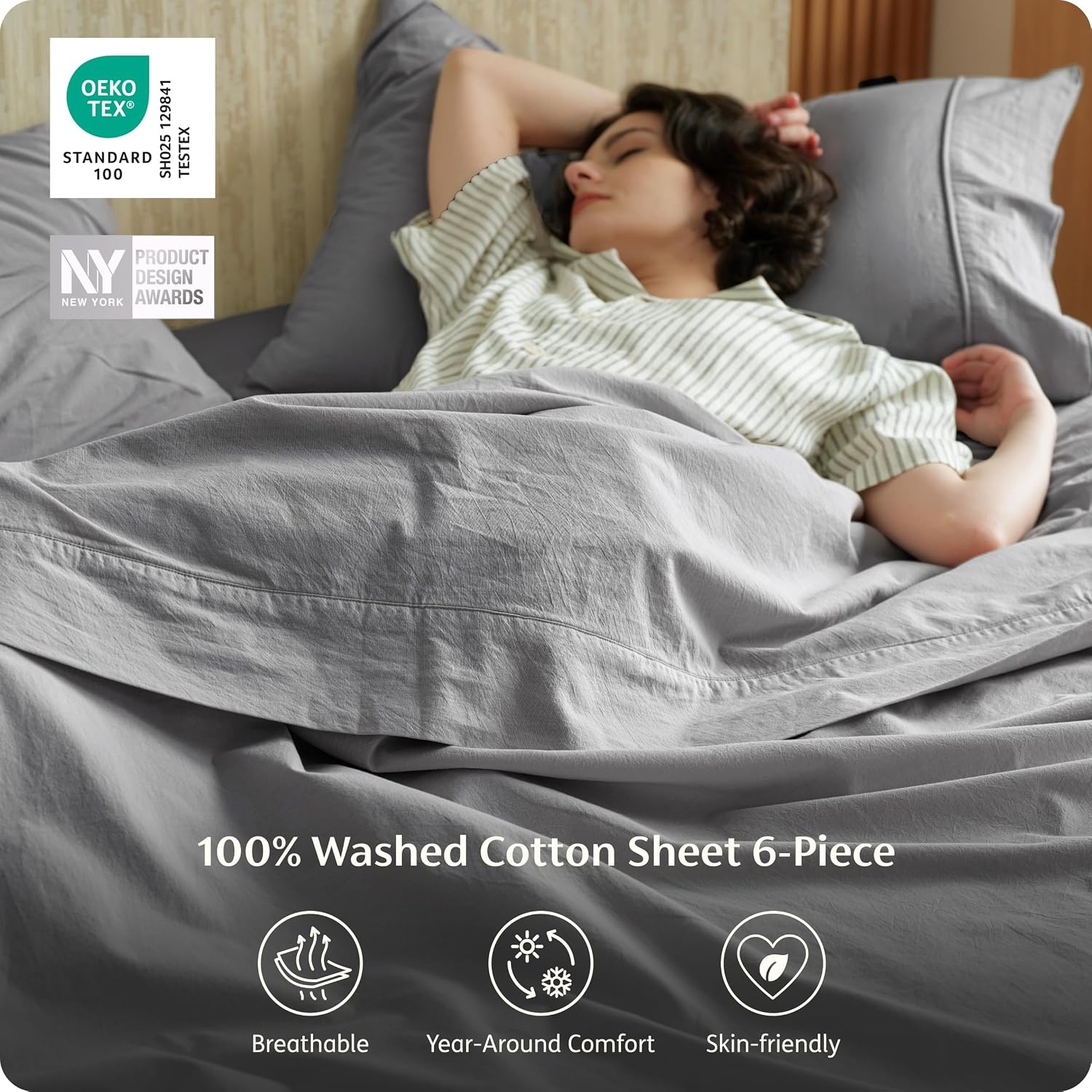 image:imageBedsure PureWoven Gingham Sheets 100 Washed Cotton Queen Brown 6PCS LinenLike Percale Sheets Breathable amp Relaxed 18 Deep Pocket Rustic Minimalist Farmhouse Checkered YarnDyed PlaidGrey