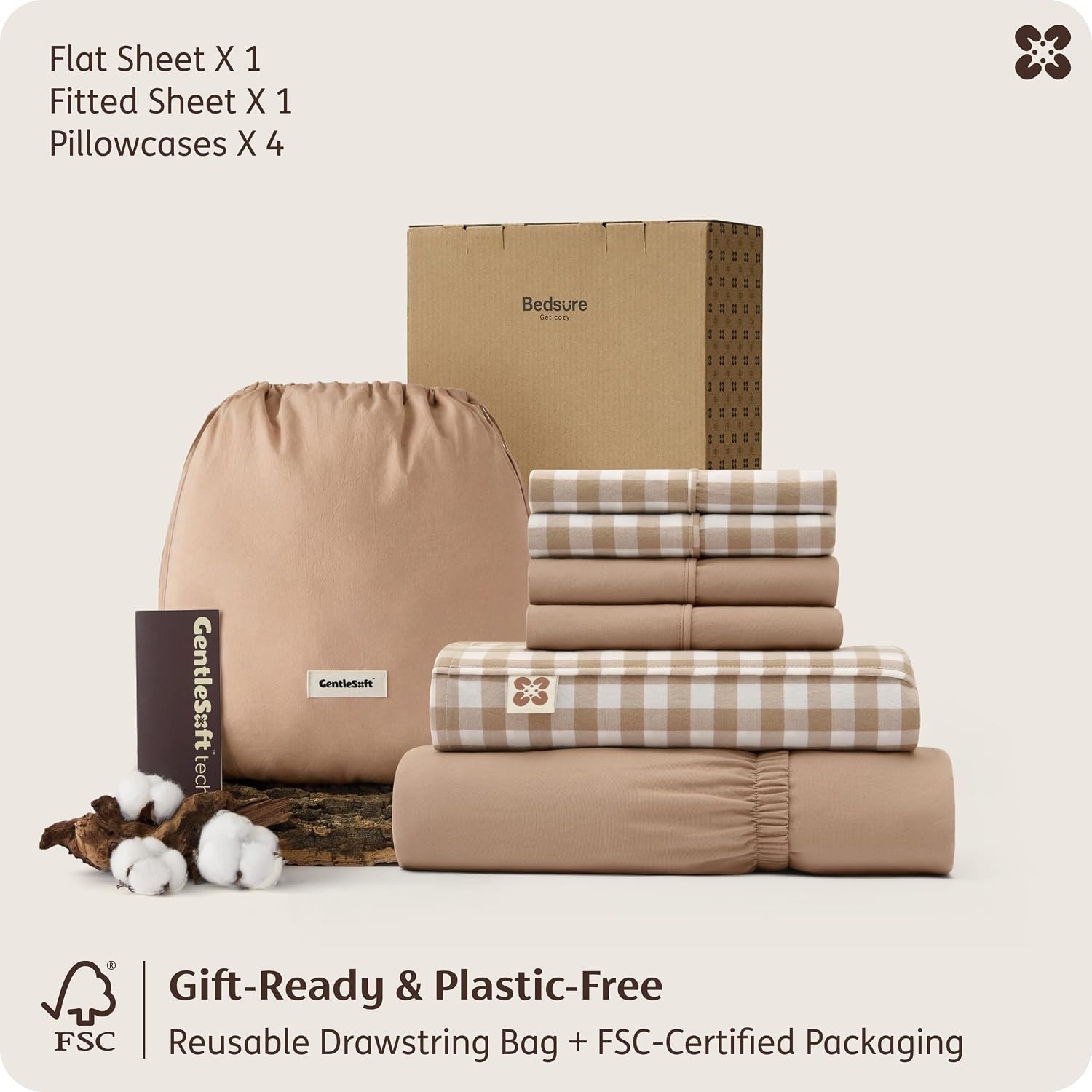 image:imageBedsure PureWoven Gingham Sheets 100 Washed Cotton Queen Brown 6PCS LinenLike Percale Sheets Breathable amp Relaxed 18 Deep Pocket Rustic Minimalist Farmhouse Checkered YarnDyed PlaidGingham Brown