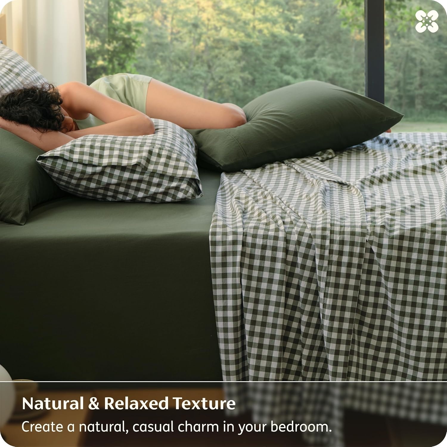 image:imageBedsure PureWoven Gingham Sheets 100 Washed Cotton Queen Brown 6PCS LinenLike Percale Sheets Breathable amp Relaxed 18 Deep Pocket Rustic Minimalist Farmhouse Checkered YarnDyed PlaidGingham Olive Green