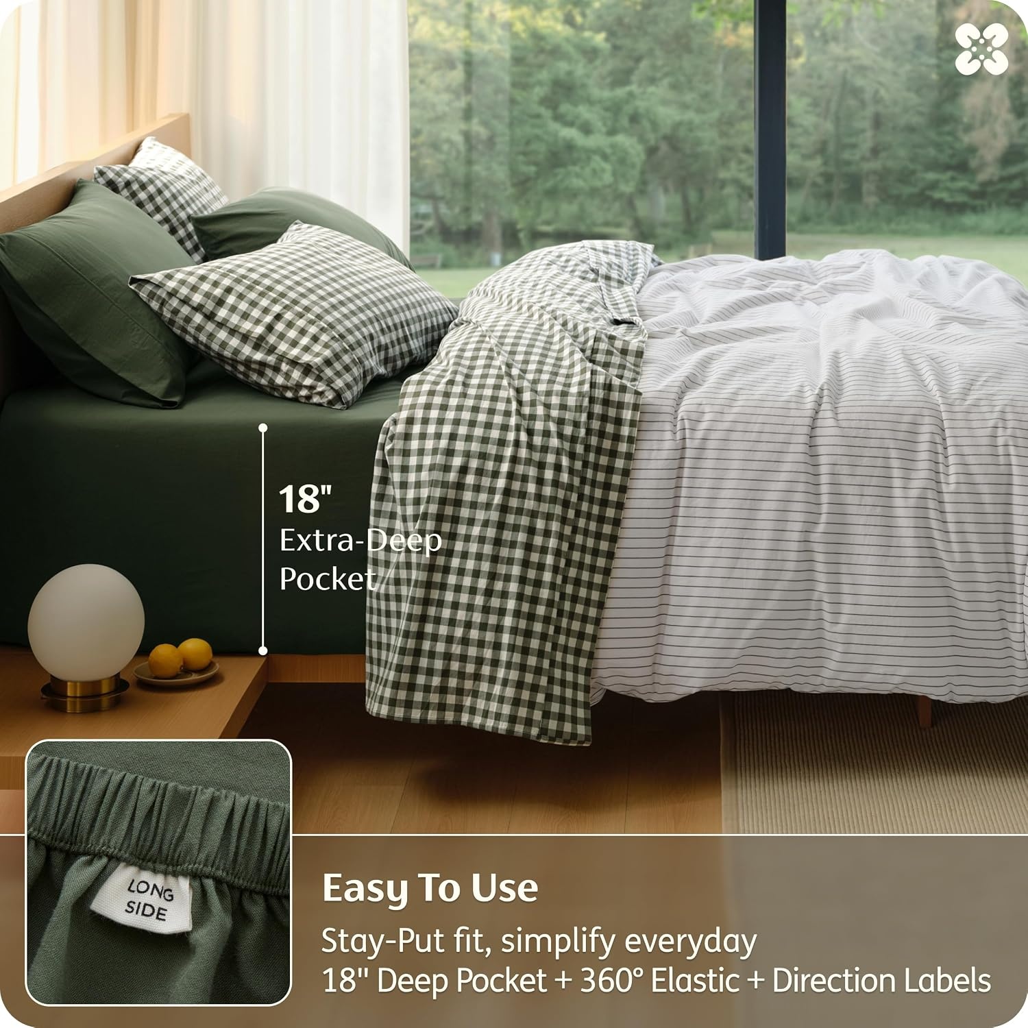 image:imageBedsure PureWoven Gingham Sheets 100 Washed Cotton Queen Brown 6PCS LinenLike Percale Sheets Breathable amp Relaxed 18 Deep Pocket Rustic Minimalist Farmhouse Checkered YarnDyed PlaidGingham Olive Green