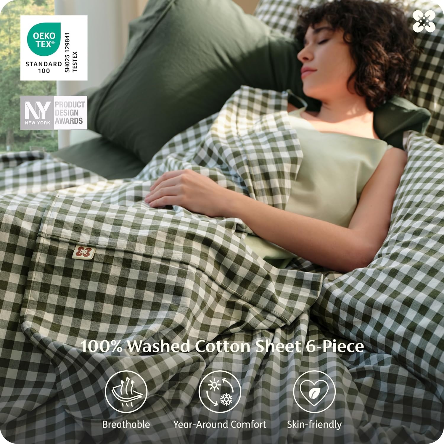 image:imageBedsure PureWoven Gingham Sheets 100 Washed Cotton Queen Brown 6PCS LinenLike Percale Sheets Breathable amp Relaxed 18 Deep Pocket Rustic Minimalist Farmhouse Checkered YarnDyed PlaidGingham Olive Green