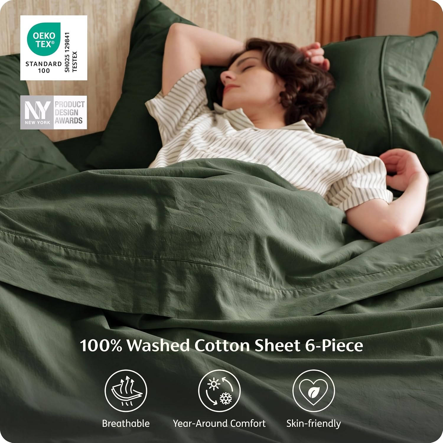 image:imageBedsure PureWoven Gingham Sheets 100 Washed Cotton Queen Brown 6PCS LinenLike Percale Sheets Breathable amp Relaxed 18 Deep Pocket Rustic Minimalist Farmhouse Checkered YarnDyed PlaidOlive Green