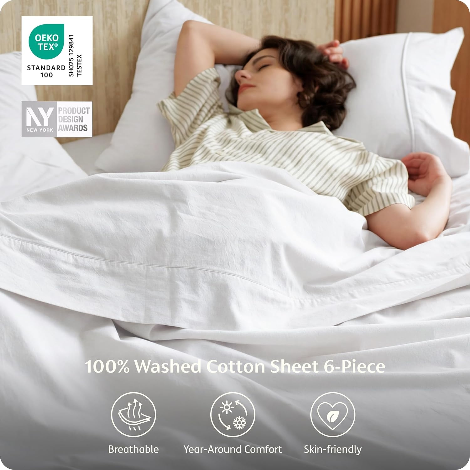 image:imageBedsure PureWoven Gingham Sheets 100 Washed Cotton Queen Brown 6PCS LinenLike Percale Sheets Breathable amp Relaxed 18 Deep Pocket Rustic Minimalist Farmhouse Checkered YarnDyed PlaidWhite