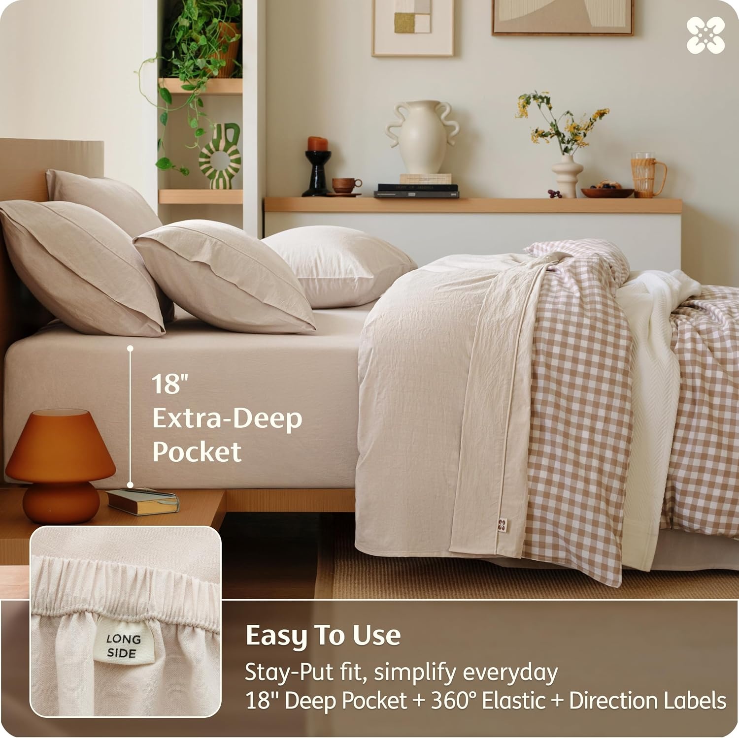 image:imageBedsure PureWoven Gingham Sheets 100 Washed Cotton Queen Brown 6PCS LinenLike Percale Sheets Breathable amp Relaxed 18 Deep Pocket Rustic Minimalist Farmhouse Checkered YarnDyed PlaidLinen Beige