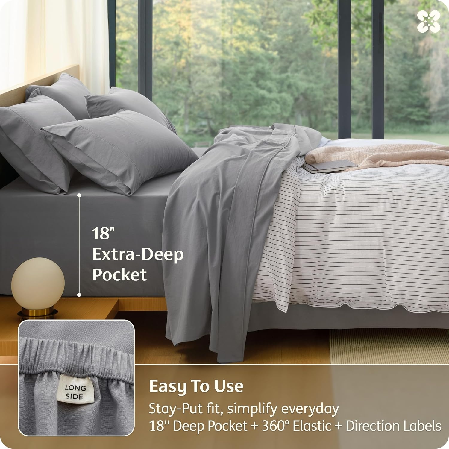 image:imageBedsure PureWoven Gingham Sheets 100 Washed Cotton Queen Brown 6PCS LinenLike Percale Sheets Breathable amp Relaxed 18 Deep Pocket Rustic Minimalist Farmhouse Checkered YarnDyed PlaidGrey