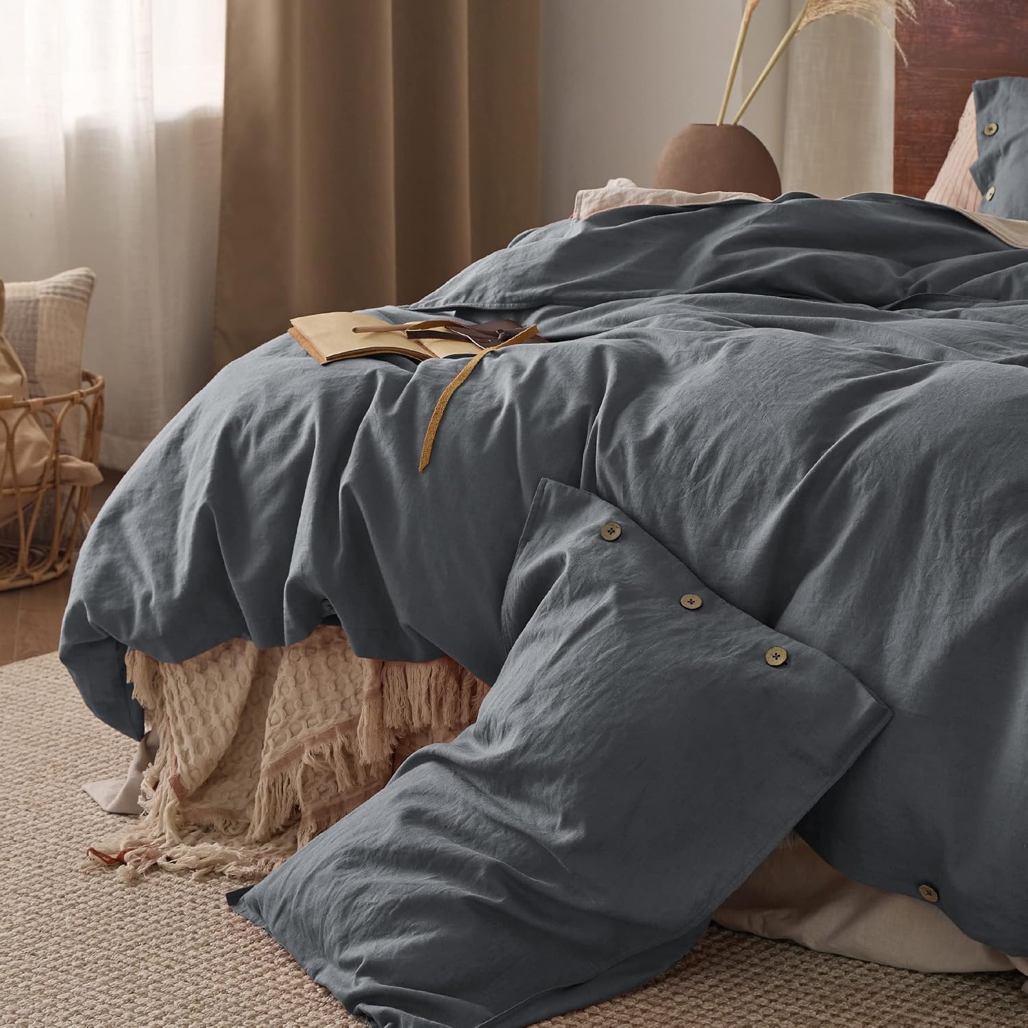image:imageBedsure PureWoven Linen Duvet Cover Queen Linen Cotton Blend Natural PreWashed Cooling Duvet Cover for Hot Sleepers Breathable MoistureWicking Button Closure amp Corner Ties AllSeason09 Charcoal Grey No Comforter