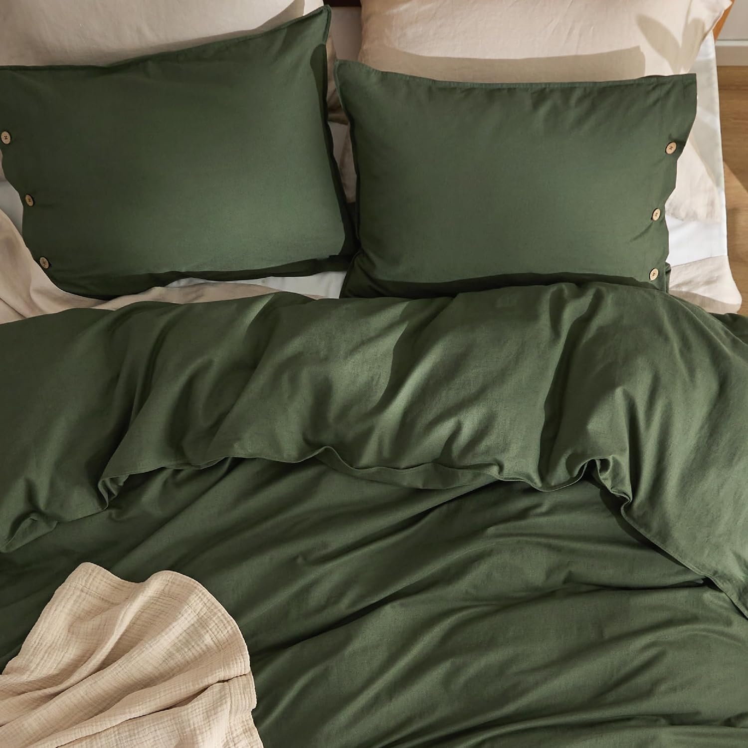 image:imageBedsure PureWoven Linen Duvet Cover Queen Linen Cotton Blend Natural PreWashed Cooling Duvet Cover for Hot Sleepers Breathable MoistureWicking Button Closure amp Corner Ties AllSeason07 Olive Green No Comforter