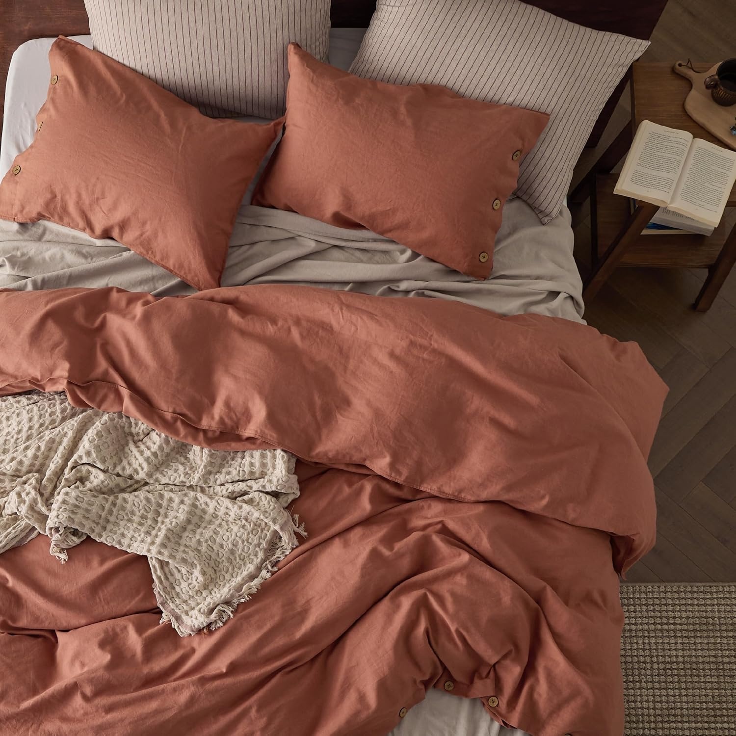 image:imageBedsure PureWoven Linen Duvet Cover Queen Linen Cotton Blend Natural PreWashed Cooling Duvet Cover for Hot Sleepers Breathable MoistureWicking Button Closure amp Corner Ties AllSeason08 Burnt Orange No Comforter