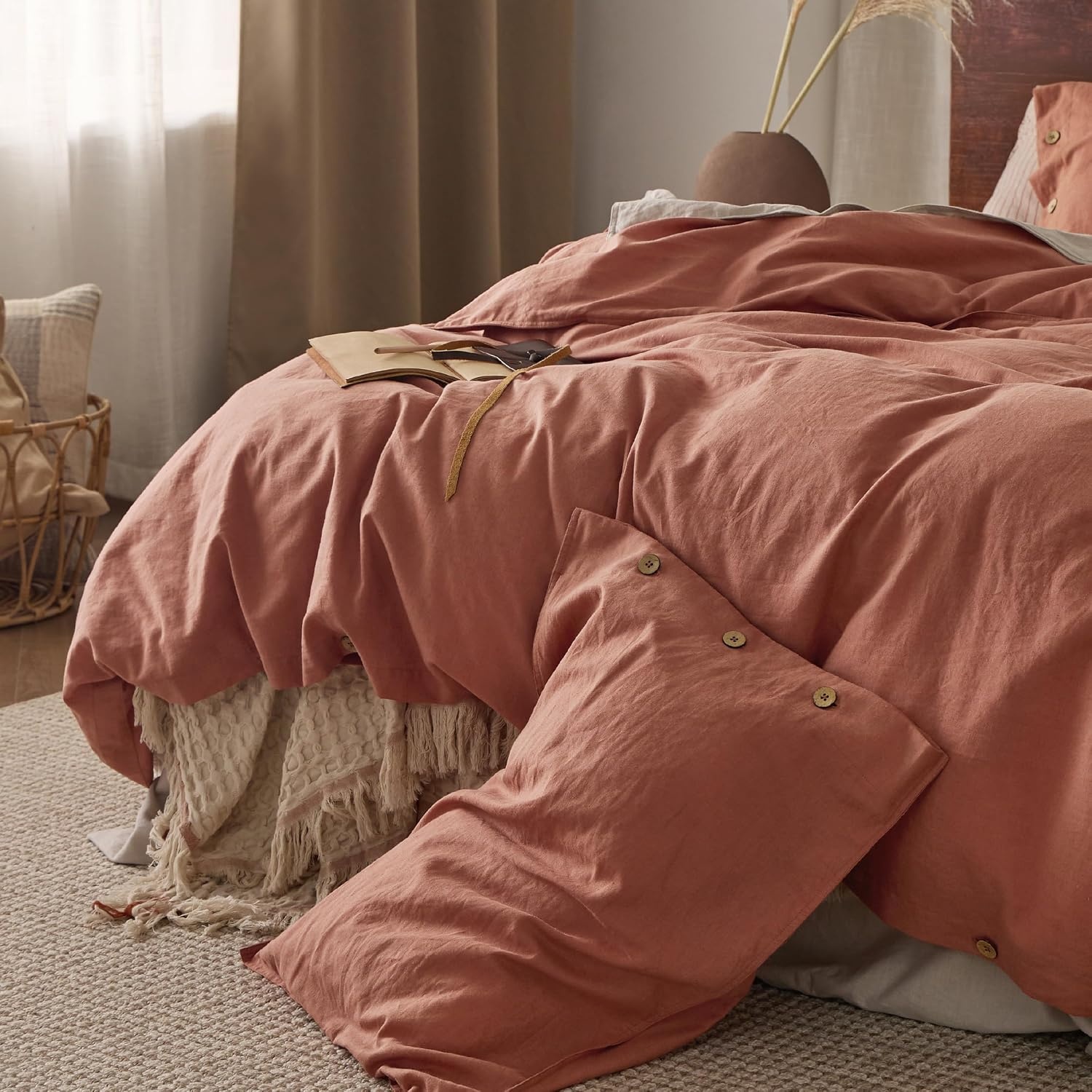 image:imageBedsure PureWoven Linen Duvet Cover Queen Linen Cotton Blend Natural PreWashed Cooling Duvet Cover for Hot Sleepers Breathable MoistureWicking Button Closure amp Corner Ties AllSeason08 Burnt Orange No Comforter
