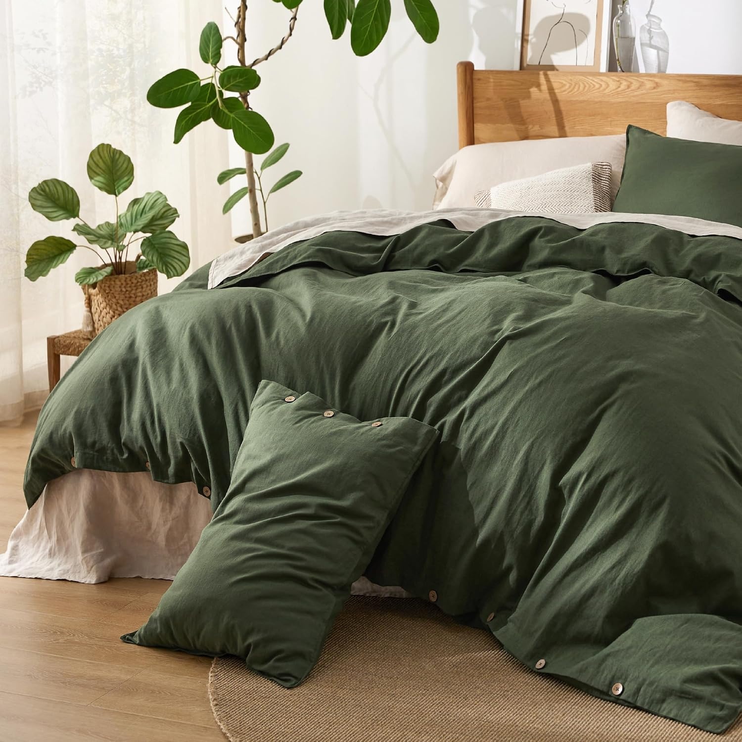 image:imageBedsure PureWoven Linen Duvet Cover Queen Linen Cotton Blend Natural PreWashed Cooling Duvet Cover for Hot Sleepers Breathable MoistureWicking Button Closure amp Corner Ties AllSeason07 Olive Green No Comforter