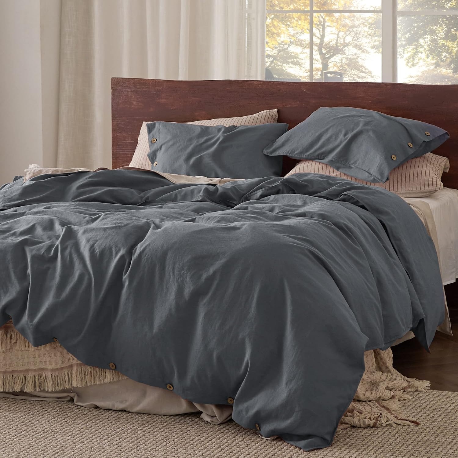 image:imageBedsure PureWoven Linen Duvet Cover Queen Linen Cotton Blend Natural PreWashed Cooling Duvet Cover for Hot Sleepers Breathable MoistureWicking Button Closure amp Corner Ties AllSeason09 Charcoal Grey No Comforter