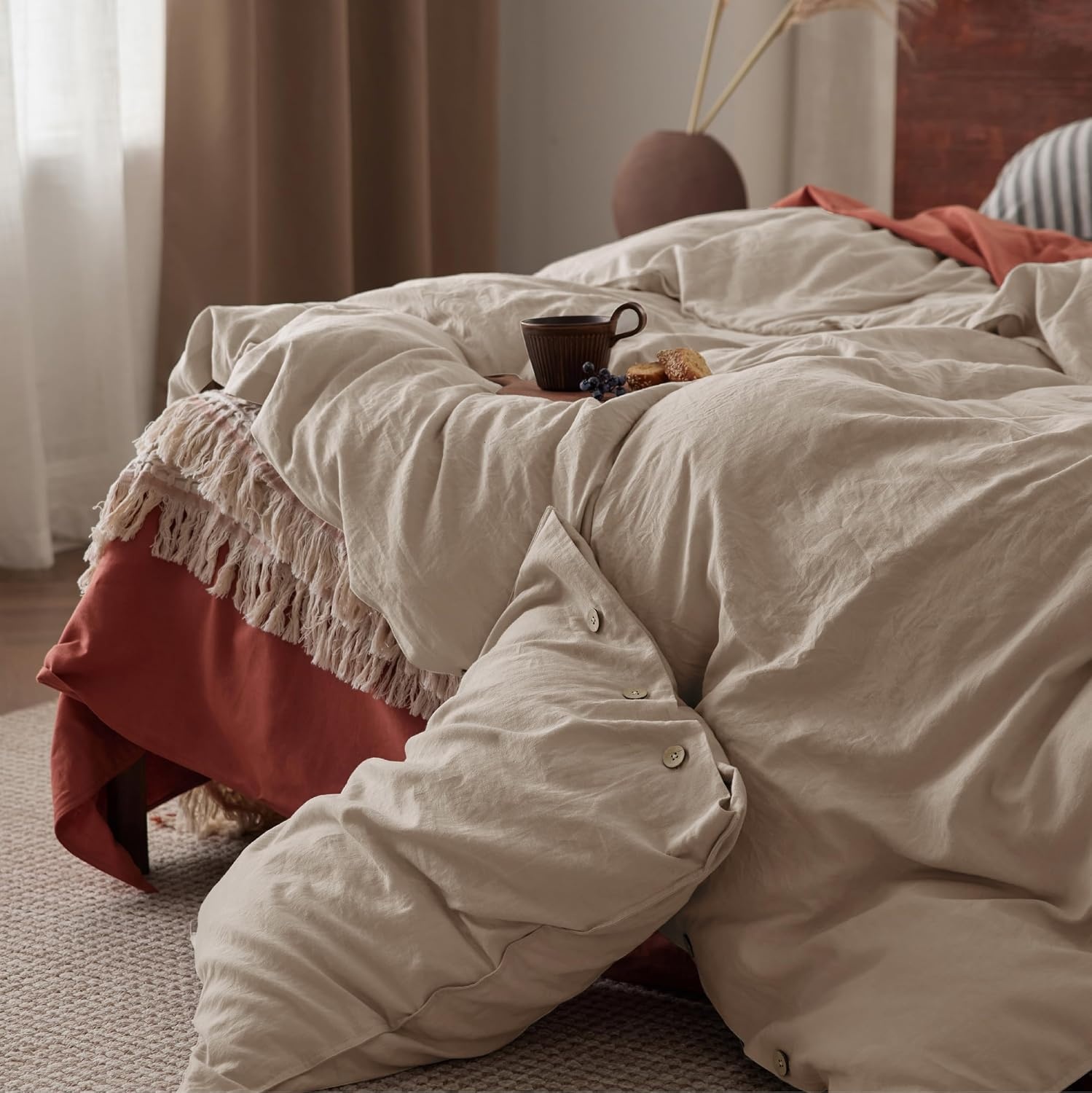 image:imageBedsure PureWoven Linen Duvet Cover Queen Linen Cotton Blend Natural PreWashed Cooling Duvet Cover for Hot Sleepers Breathable MoistureWicking Button Closure amp Corner Ties AllSeason04 Warm Tan No Comforter