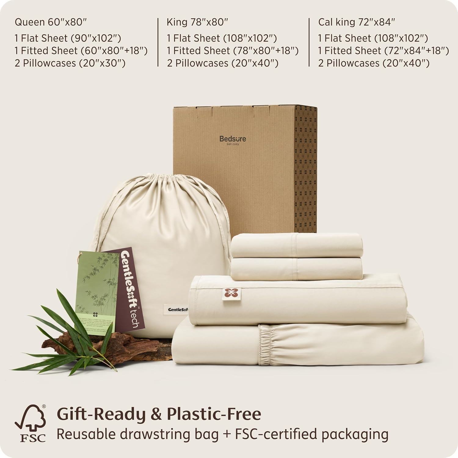 image:imageBedsure PureWoven Organically Grown Bamboo Viscose King Size Sheets Set Cooling Bed Sheets for Hot Sleepers 18 Deep Pocket with Corner Straps Luxury Silky Soft Breathable OCS amp OekoTex White02 Beige