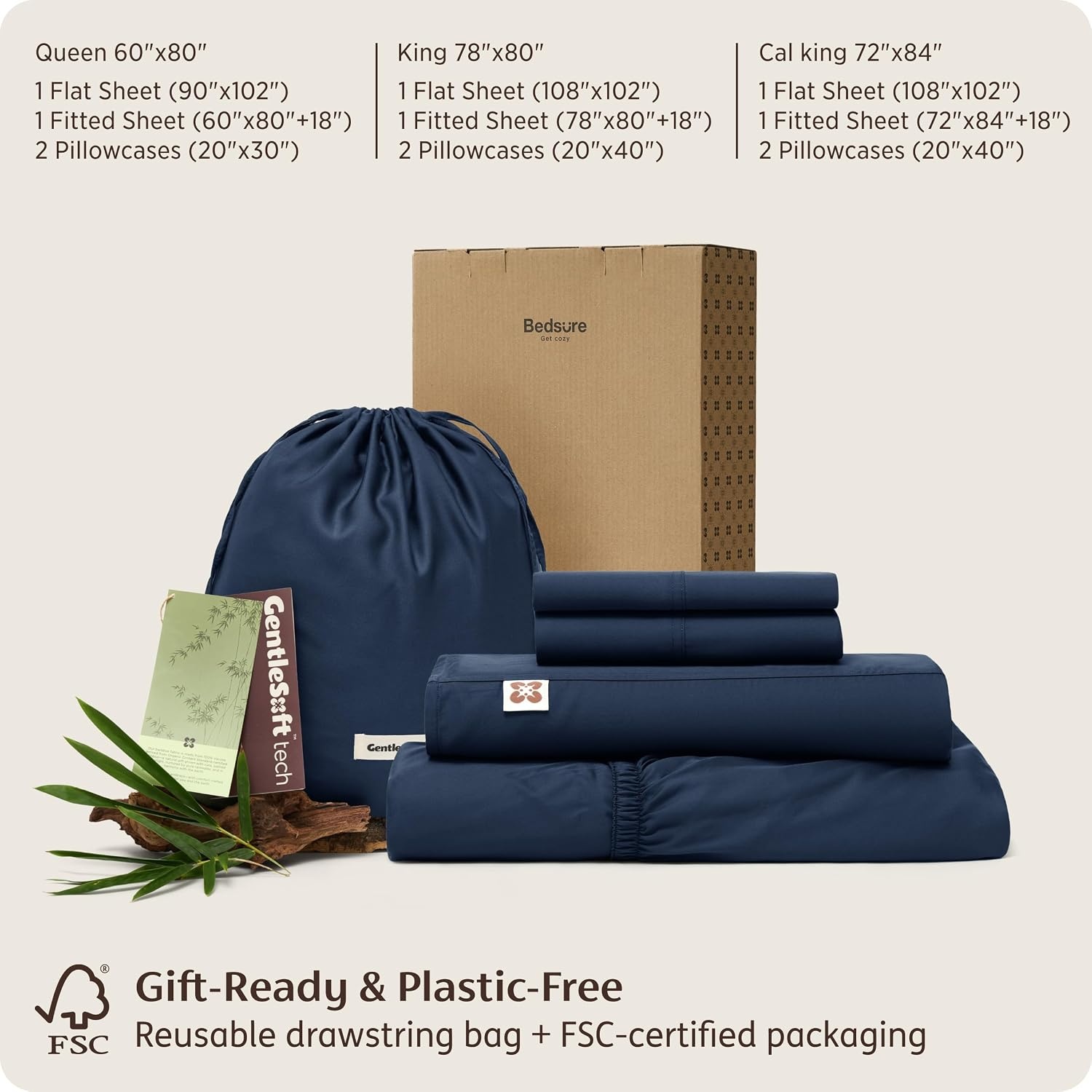 image:imageBedsure PureWoven Organically Grown Bamboo Viscose King Size Sheets Set Cooling Bed Sheets for Hot Sleepers 18 Deep Pocket with Corner Straps Luxury Silky Soft Breathable OCS amp OekoTex White11 Navy