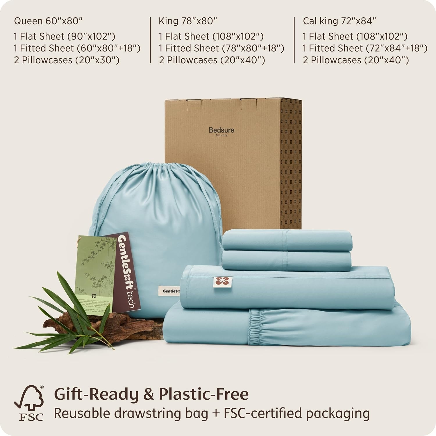 image:imageBedsure PureWoven Organically Grown Bamboo Viscose King Size Sheets Set Cooling Bed Sheets for Hot Sleepers 18 Deep Pocket with Corner Straps Luxury Silky Soft Breathable OCS amp OekoTex White10 Light Blue