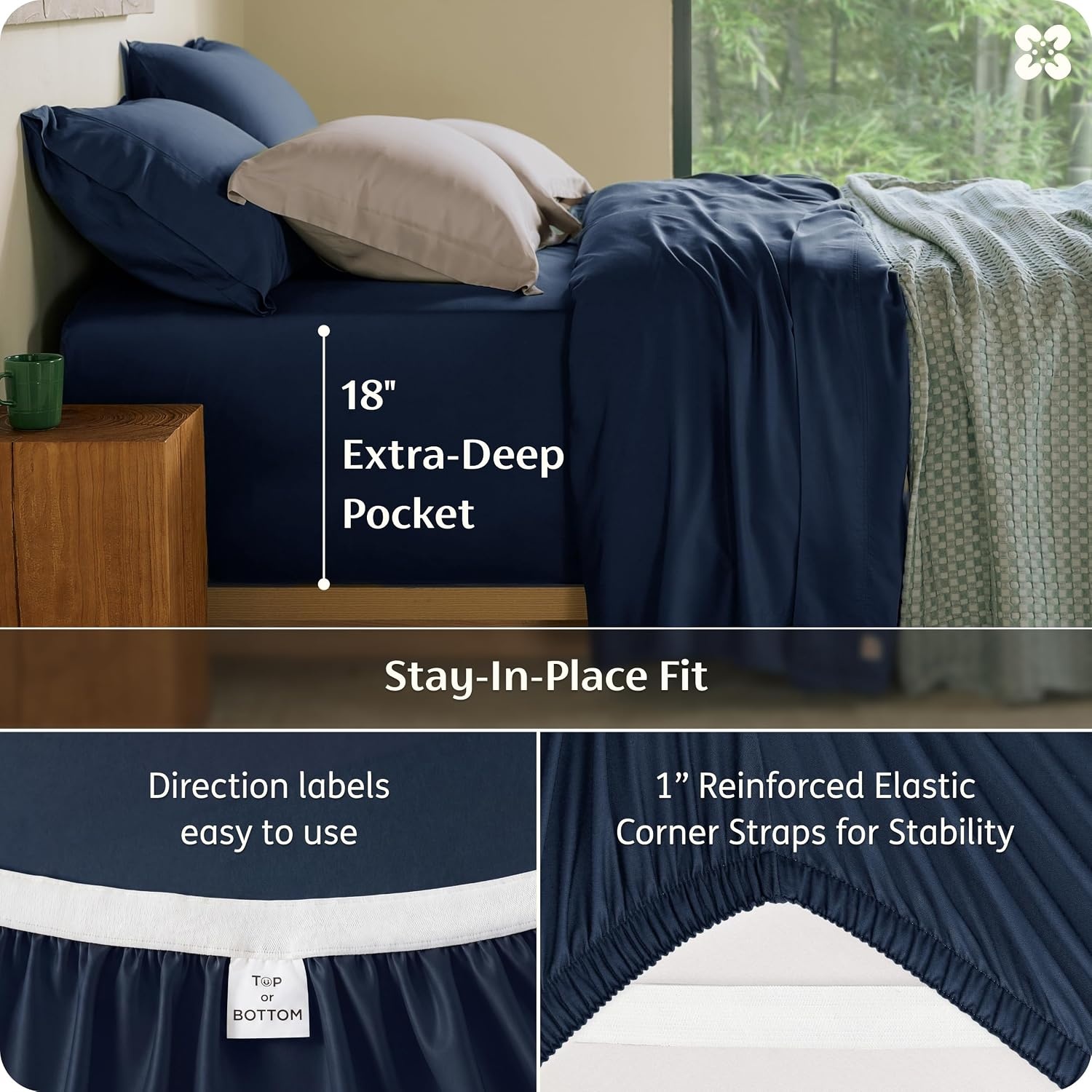 image:imageBedsure PureWoven Organically Grown Bamboo Viscose King Size Sheets Set Cooling Bed Sheets for Hot Sleepers 18 Deep Pocket with Corner Straps Luxury Silky Soft Breathable OCS amp OekoTex White11 Navy