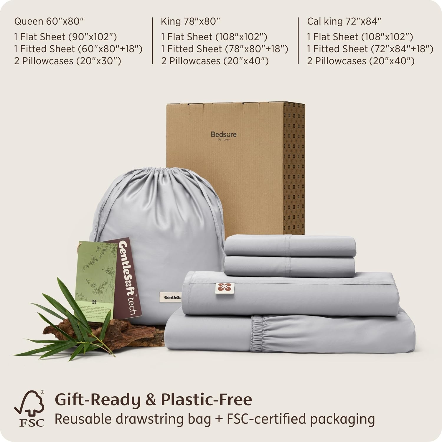 image:imageBedsure PureWoven Organically Grown Bamboo Viscose King Size Sheets Set Cooling Bed Sheets for Hot Sleepers 18 Deep Pocket with Corner Straps Luxury Silky Soft Breathable OCS amp OekoTex White06 Grey