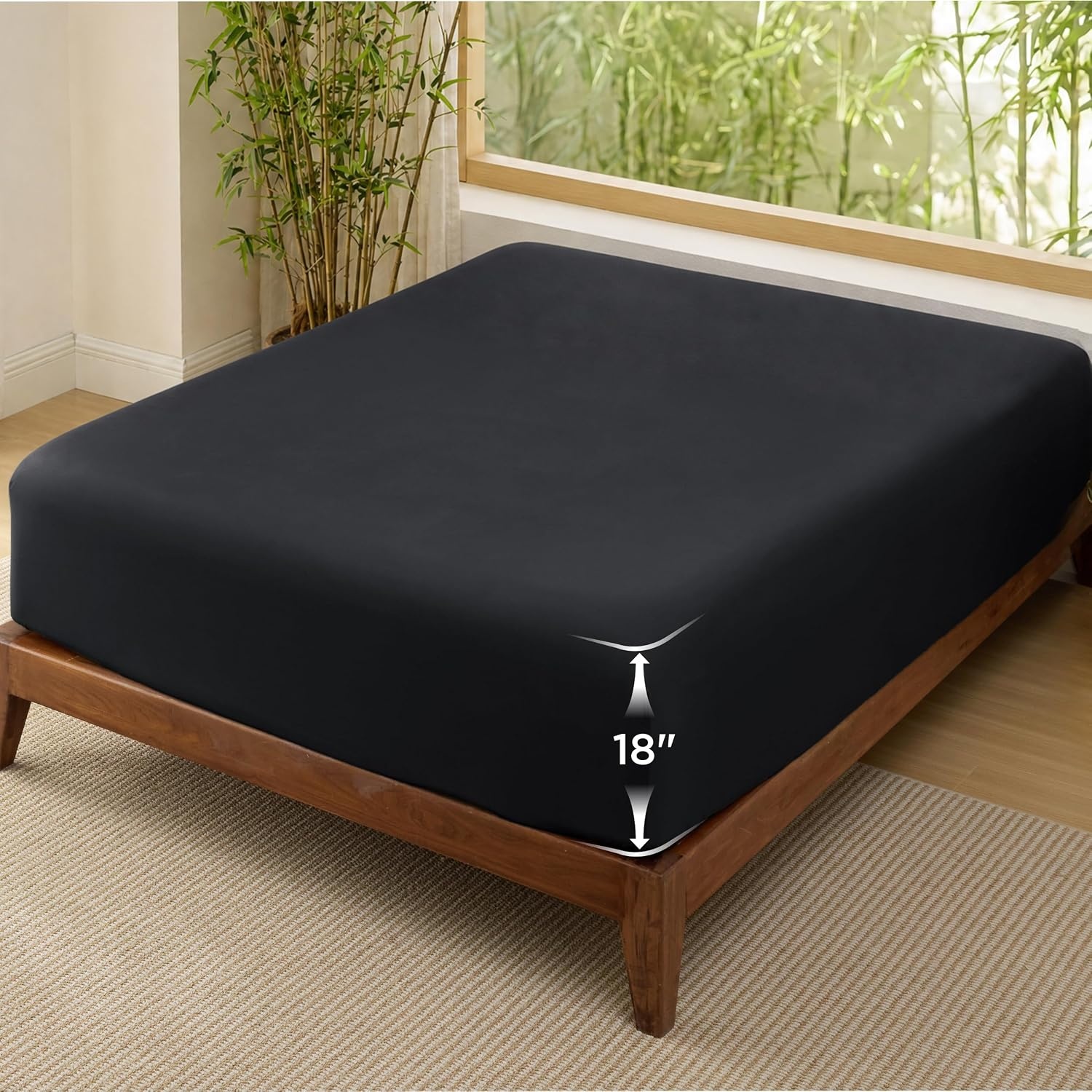 image:imageBedsure PureWoven Queen Fitted Sheet Qnly 100 Rayon Derived from Bamboo Cooling Bottom Sheet for Hot Sleepers Breathable amp Soft Deep Pocket Up to 18 Secure Elastic Corner Straps GreyBlack