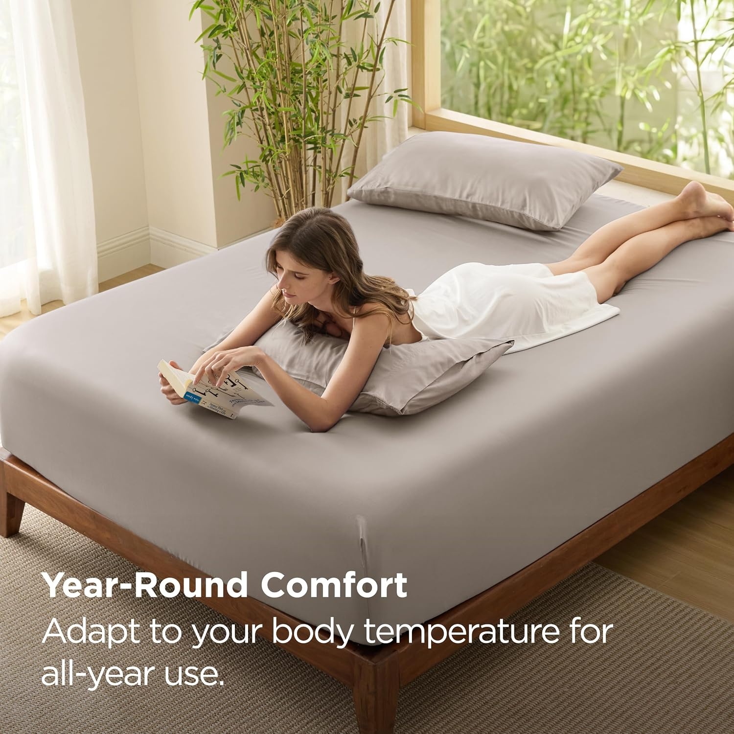 image:imageBedsure PureWoven Queen Fitted Sheet Qnly 100 Rayon Derived from Bamboo Cooling Bottom Sheet for Hot Sleepers Breathable amp Soft Deep Pocket Up to 18 Secure Elastic Corner Straps GreyTaupe