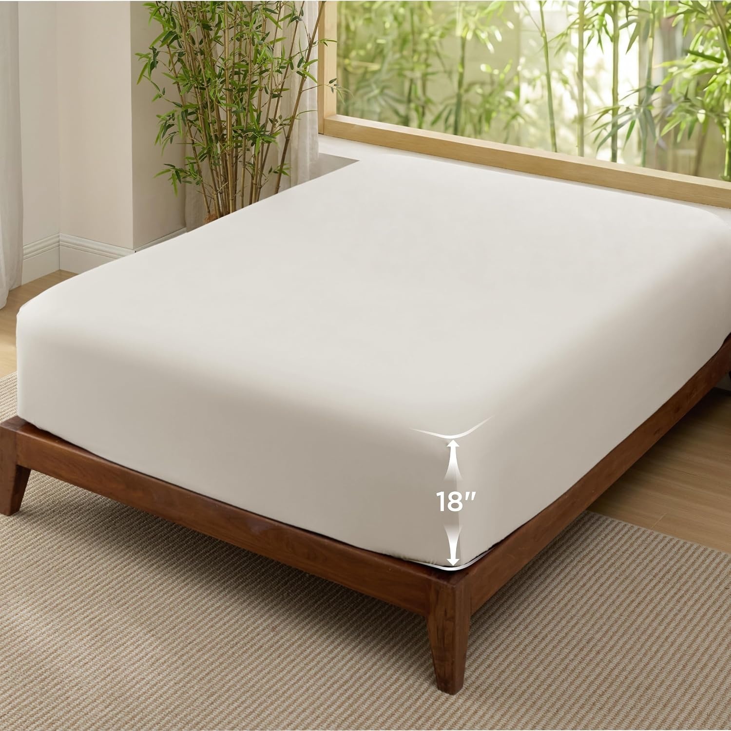 image:imageBedsure PureWoven Queen Fitted Sheet Qnly 100 Rayon Derived from Bamboo Cooling Bottom Sheet for Hot Sleepers Breathable amp Soft Deep Pocket Up to 18 Secure Elastic Corner Straps GreyBeige