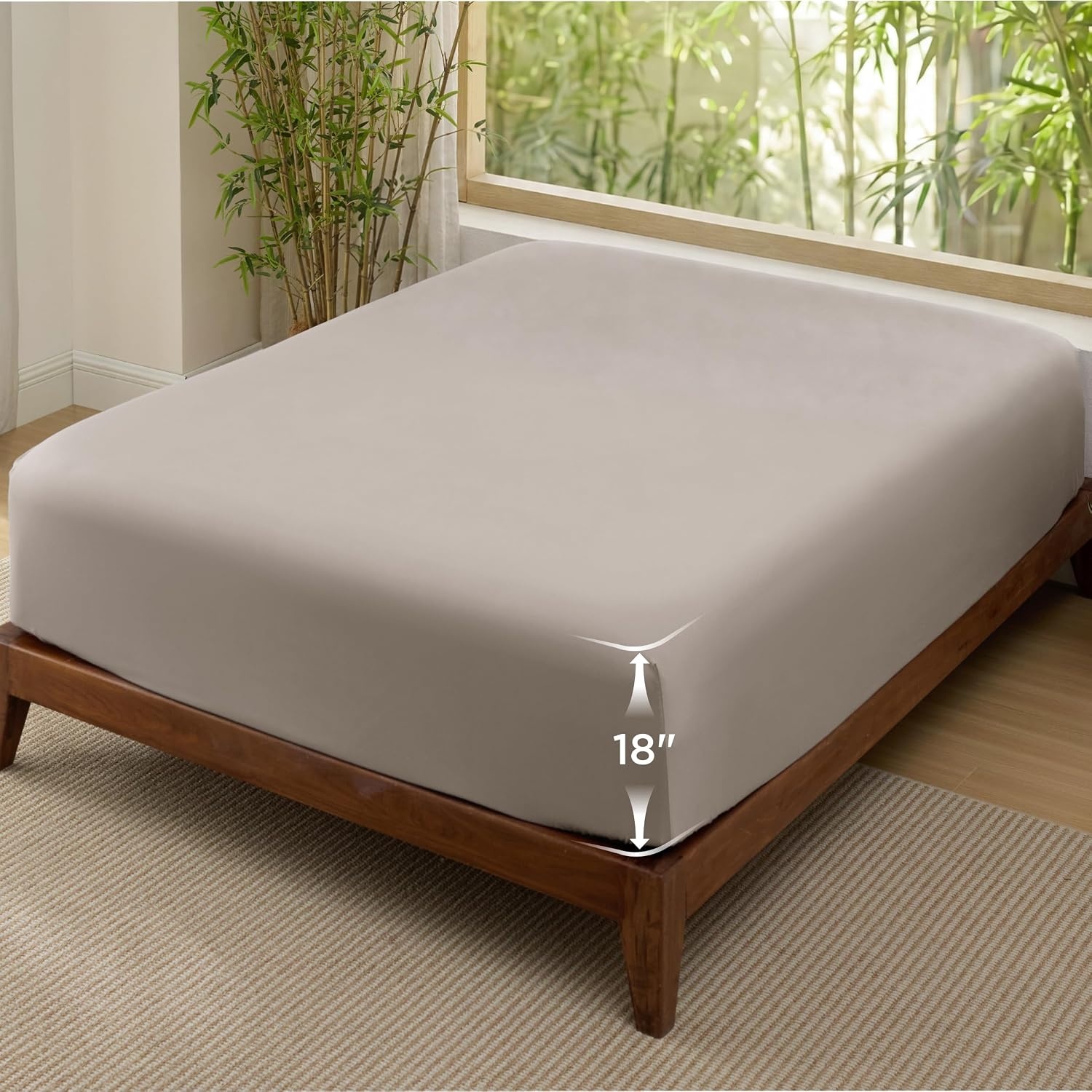 image:imageBedsure PureWoven Queen Fitted Sheet Qnly 100 Rayon Derived from Bamboo Cooling Bottom Sheet for Hot Sleepers Breathable amp Soft Deep Pocket Up to 18 Secure Elastic Corner Straps GreyTaupe