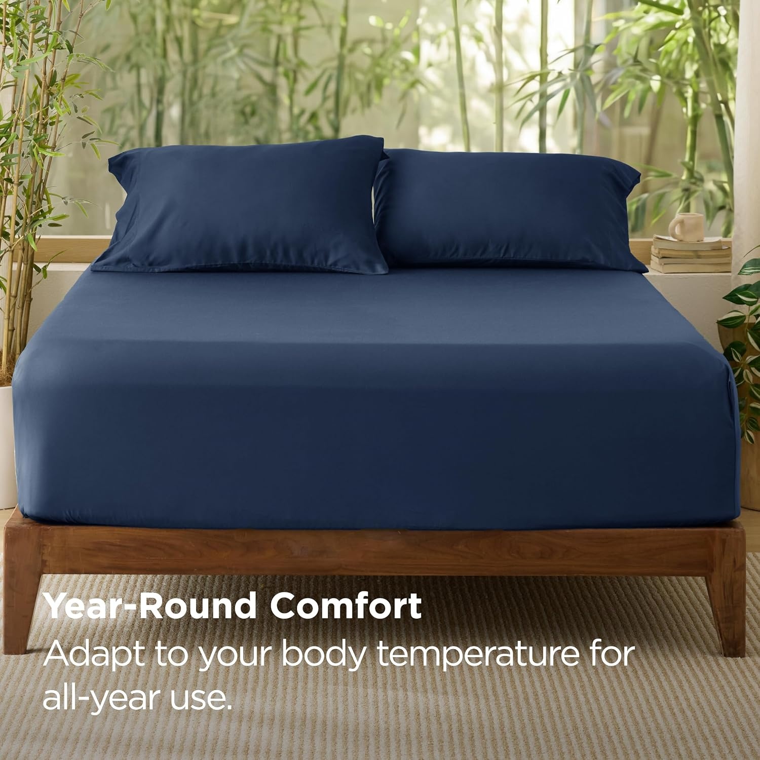 image:imageBedsure PureWoven Queen Fitted Sheet Qnly 100 Rayon Derived from Bamboo Cooling Bottom Sheet for Hot Sleepers Breathable amp Soft Deep Pocket Up to 18 Secure Elastic Corner Straps GreyNavy