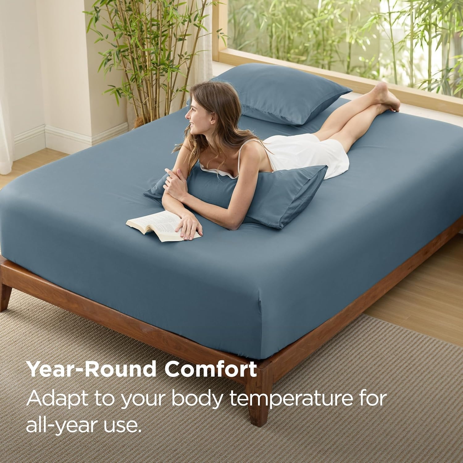 image:imageBedsure PureWoven Queen Fitted Sheet Qnly 100 Rayon Derived from Bamboo Cooling Bottom Sheet for Hot Sleepers Breathable amp Soft Deep Pocket Up to 18 Secure Elastic Corner Straps GreyDusty Blue