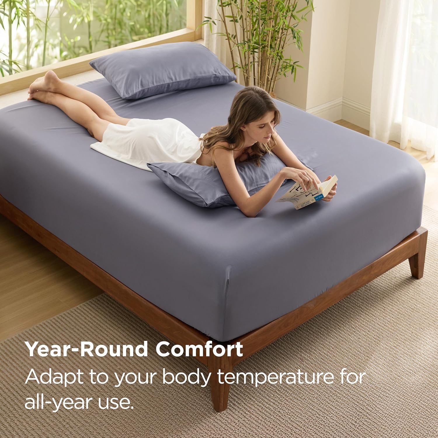 image:imageBedsure PureWoven Queen Fitted Sheet Qnly 100 Rayon Derived from Bamboo Cooling Bottom Sheet for Hot Sleepers Breathable amp Soft Deep Pocket Up to 18 Secure Elastic Corner Straps GreyGrey