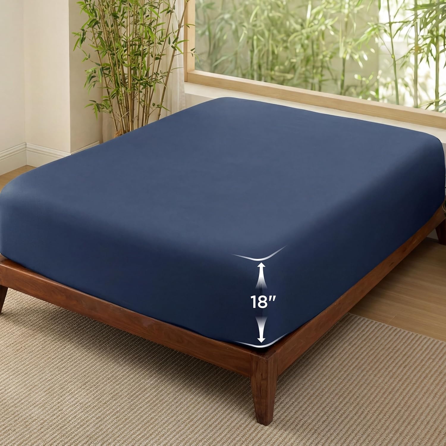 image:imageBedsure PureWoven Queen Fitted Sheet Qnly 100 Rayon Derived from Bamboo Cooling Bottom Sheet for Hot Sleepers Breathable amp Soft Deep Pocket Up to 18 Secure Elastic Corner Straps GreyNavy