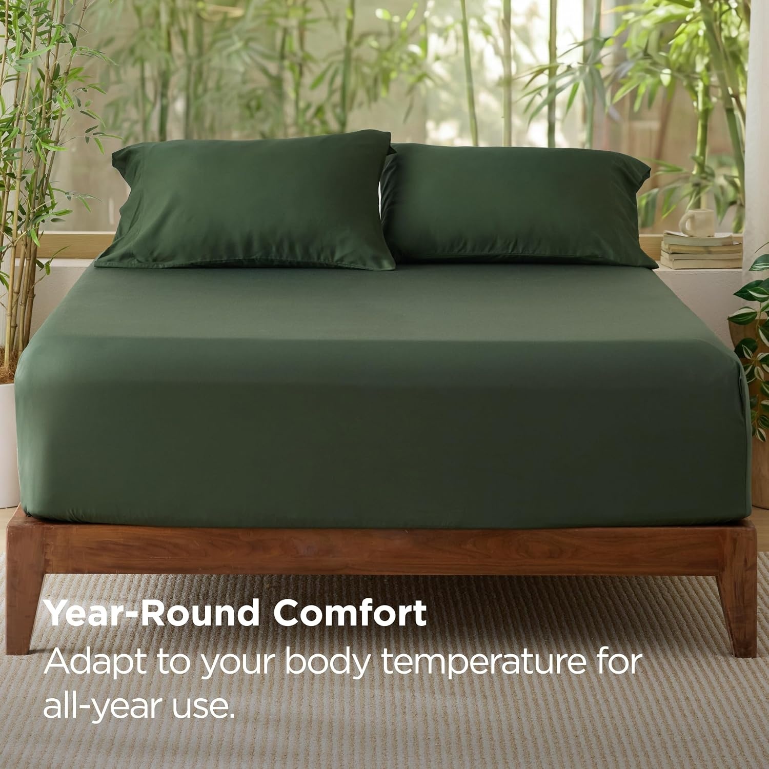 image:imageBedsure PureWoven Queen Fitted Sheet Qnly 100 Rayon Derived from Bamboo Cooling Bottom Sheet for Hot Sleepers Breathable amp Soft Deep Pocket Up to 18 Secure Elastic Corner Straps GreyOlive Green