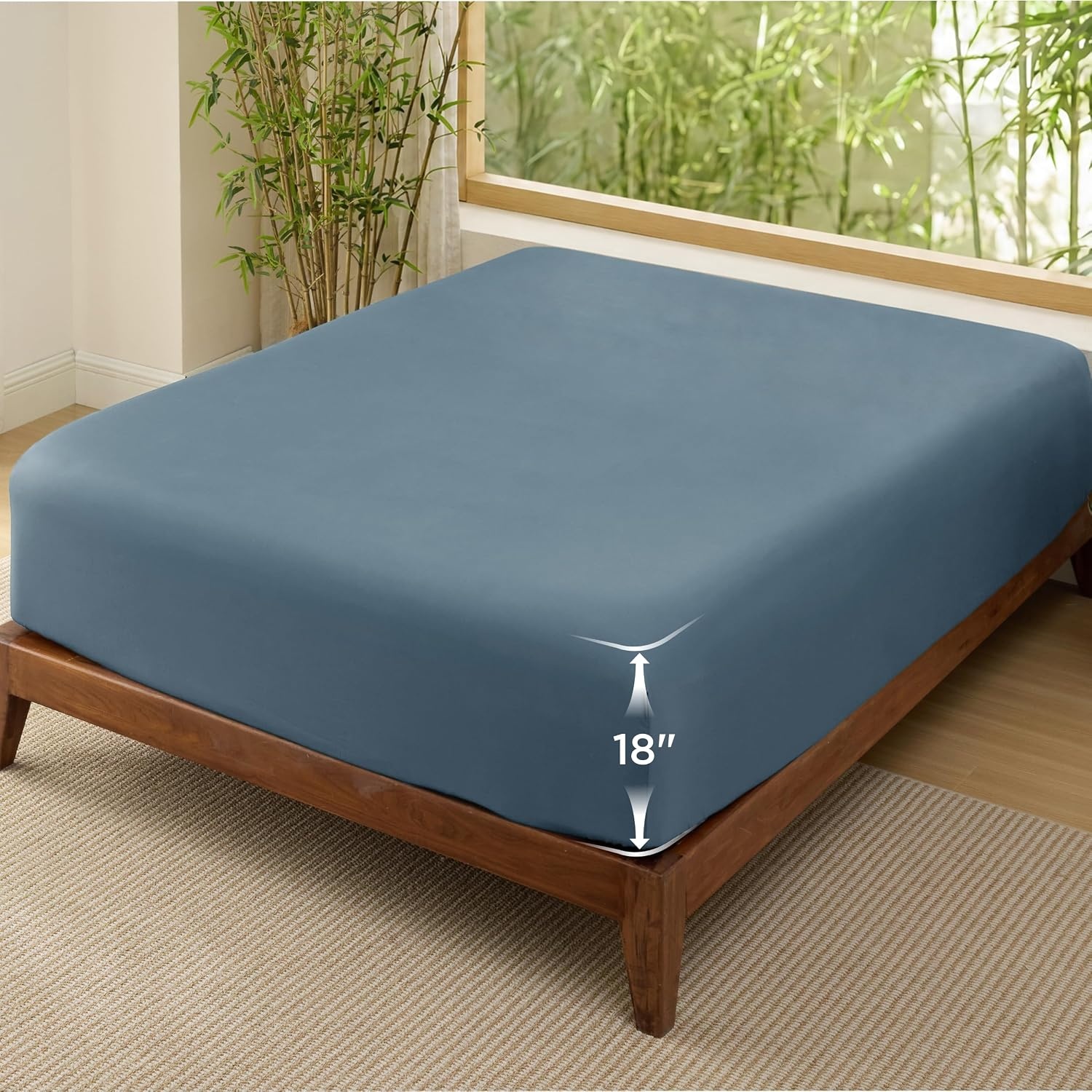 image:imageBedsure PureWoven Queen Fitted Sheet Qnly 100 Rayon Derived from Bamboo Cooling Bottom Sheet for Hot Sleepers Breathable amp Soft Deep Pocket Up to 18 Secure Elastic Corner Straps GreyDusty Blue