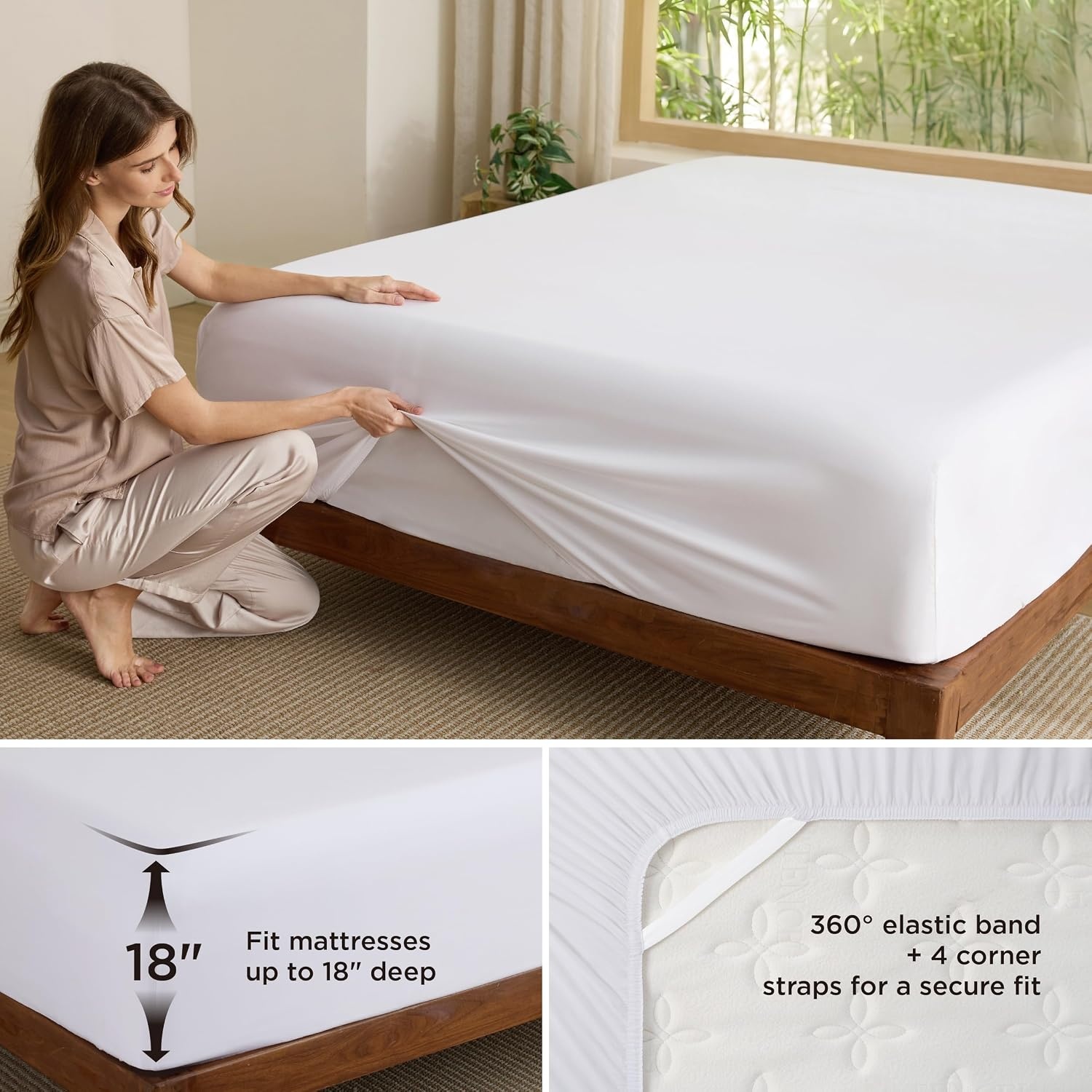 image:imageBedsure PureWoven Queen Fitted Sheet Qnly 100 Rayon Derived from Bamboo Cooling Bottom Sheet for Hot Sleepers Breathable amp Soft Deep Pocket Up to 18 Secure Elastic Corner Straps GreyWhite