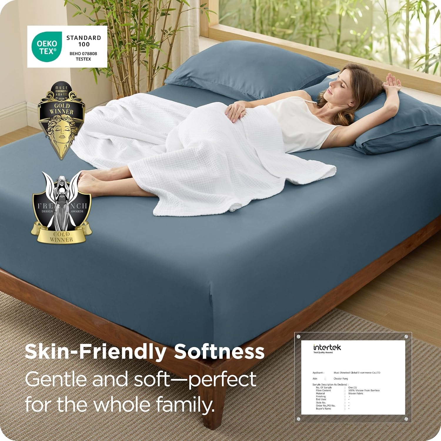 image:imageBedsure PureWoven Queen Fitted Sheet Qnly 100 Rayon Derived from Bamboo Cooling Bottom Sheet for Hot Sleepers Breathable amp Soft Deep Pocket Up to 18 Secure Elastic Corner Straps GreyDusty Blue