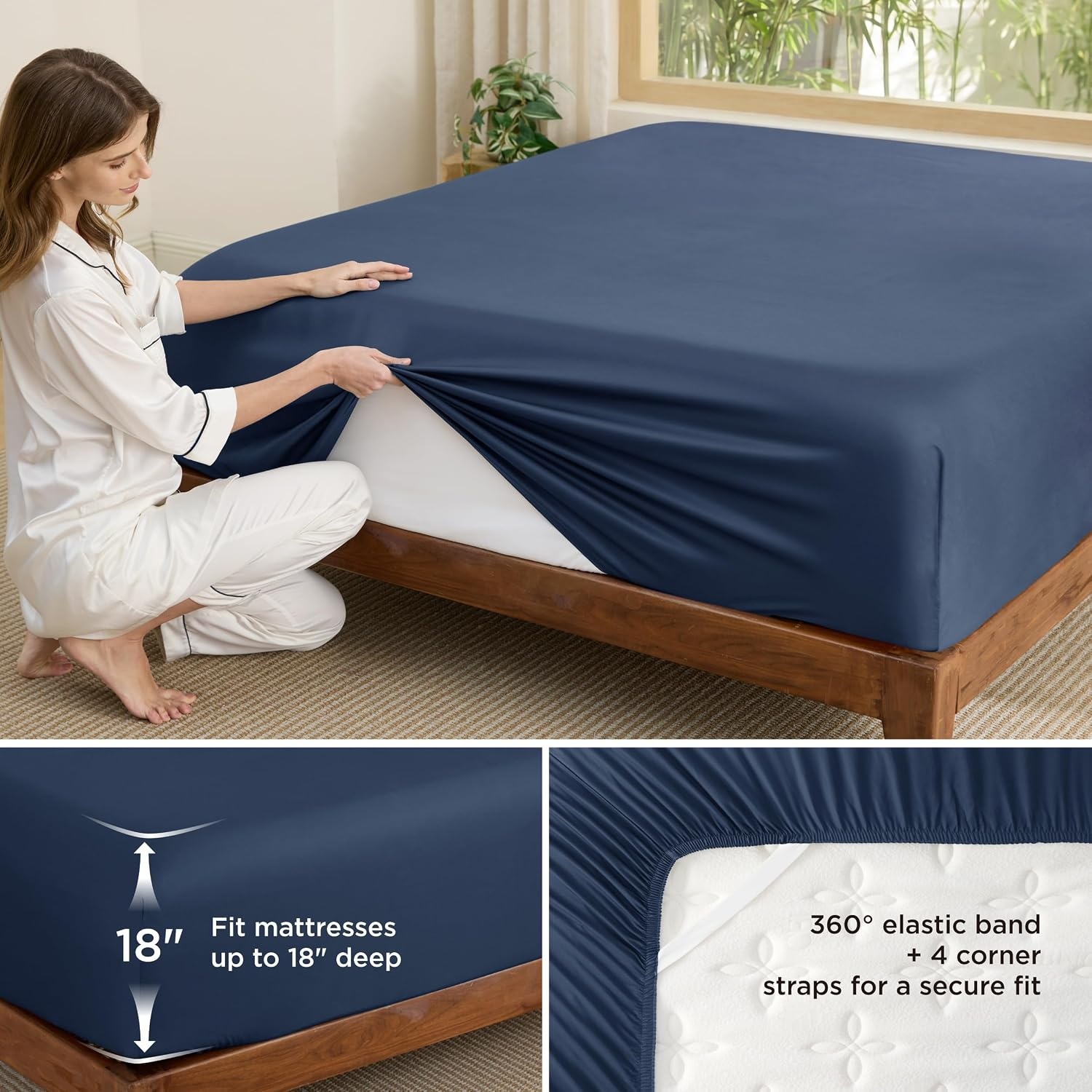 image:imageBedsure PureWoven Queen Fitted Sheet Qnly 100 Rayon Derived from Bamboo Cooling Bottom Sheet for Hot Sleepers Breathable amp Soft Deep Pocket Up to 18 Secure Elastic Corner Straps GreyNavy