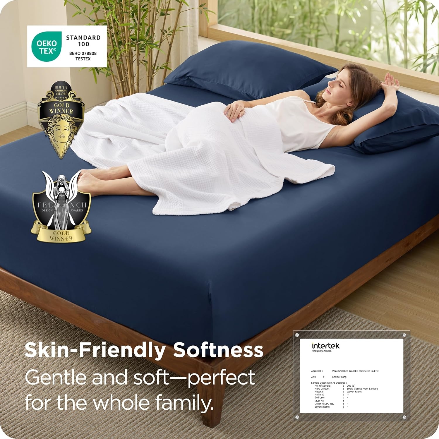 image:imageBedsure PureWoven Queen Fitted Sheet Qnly 100 Rayon Derived from Bamboo Cooling Bottom Sheet for Hot Sleepers Breathable amp Soft Deep Pocket Up to 18 Secure Elastic Corner Straps GreyNavy