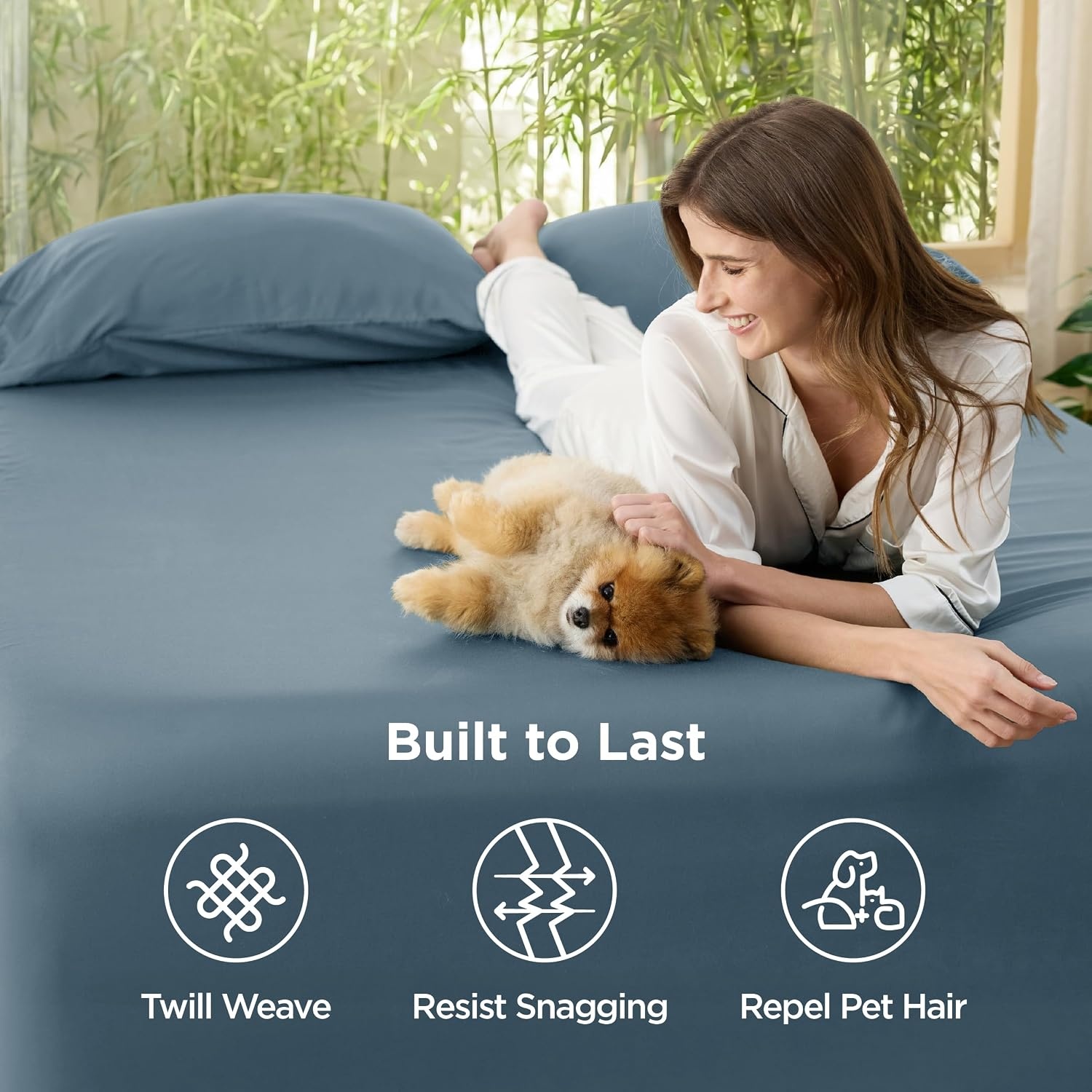 image:imageBedsure PureWoven Queen Fitted Sheet Qnly 100 Rayon Derived from Bamboo Cooling Bottom Sheet for Hot Sleepers Breathable amp Soft Deep Pocket Up to 18 Secure Elastic Corner Straps GreyDusty Blue