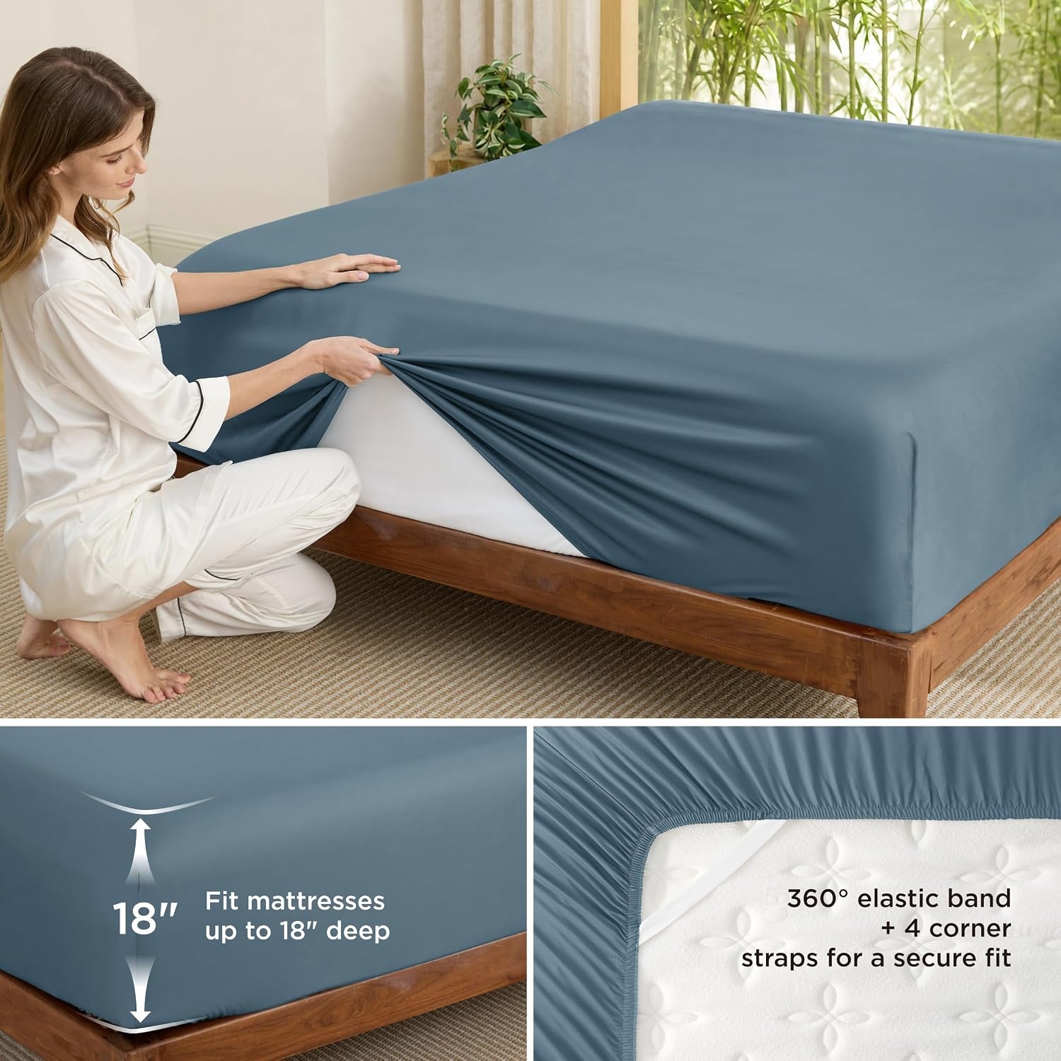 image:imageBedsure PureWoven Queen Fitted Sheet Qnly 100 Rayon Derived from Bamboo Cooling Bottom Sheet for Hot Sleepers Breathable amp Soft Deep Pocket Up to 18 Secure Elastic Corner Straps GreyDusty Blue