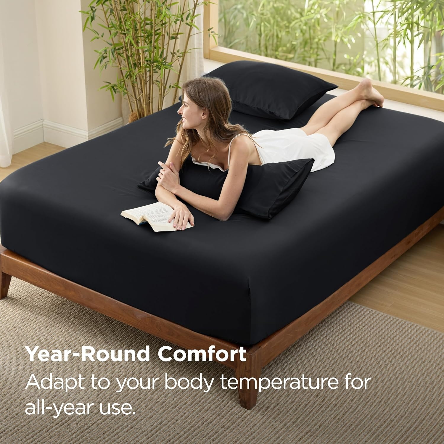 image:imageBedsure PureWoven Queen Fitted Sheet Qnly 100 Rayon Derived from Bamboo Cooling Bottom Sheet for Hot Sleepers Breathable amp Soft Deep Pocket Up to 18 Secure Elastic Corner Straps GreyBlack