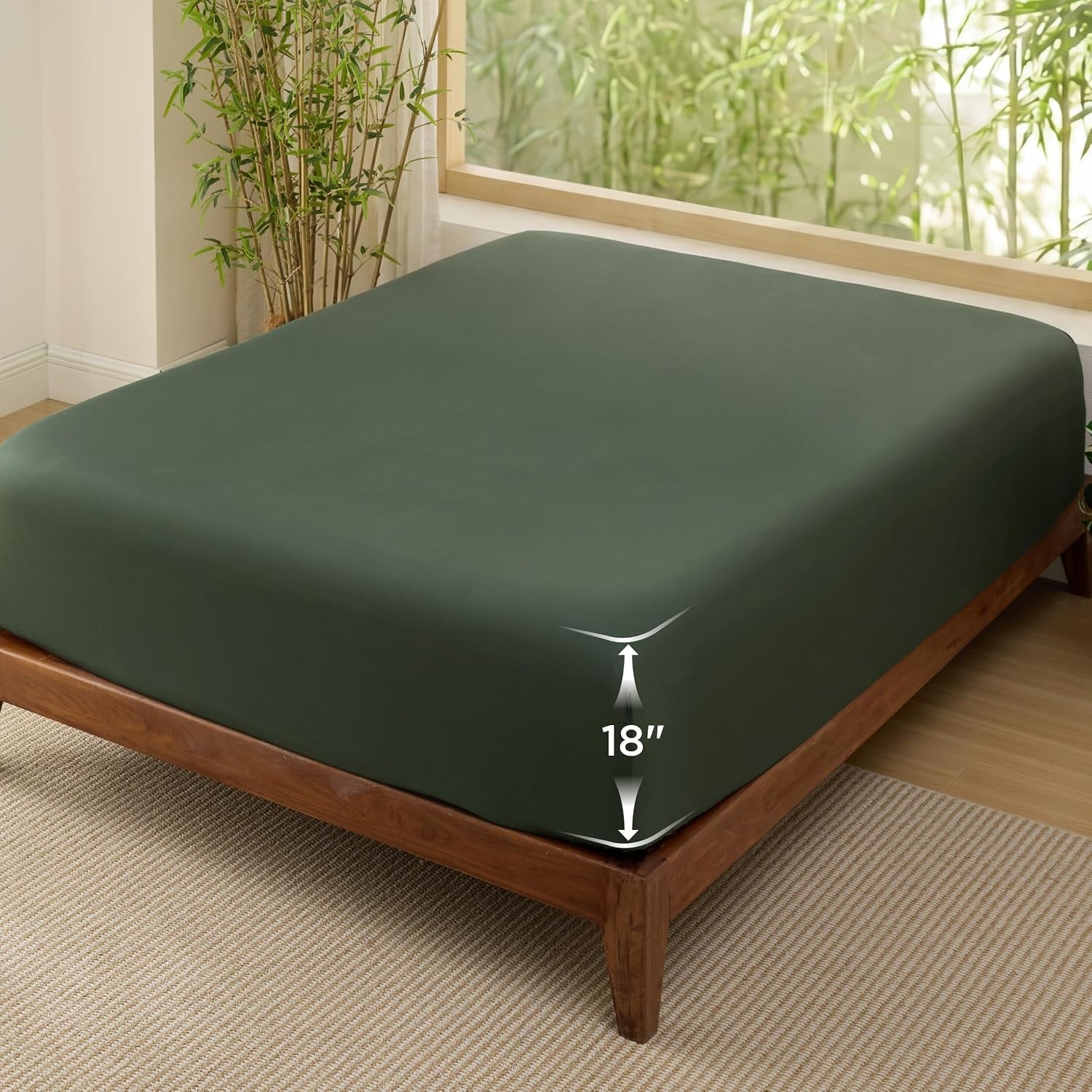 image:imageBedsure PureWoven Queen Fitted Sheet Qnly 100 Rayon Derived from Bamboo Cooling Bottom Sheet for Hot Sleepers Breathable amp Soft Deep Pocket Up to 18 Secure Elastic Corner Straps GreyOlive Green