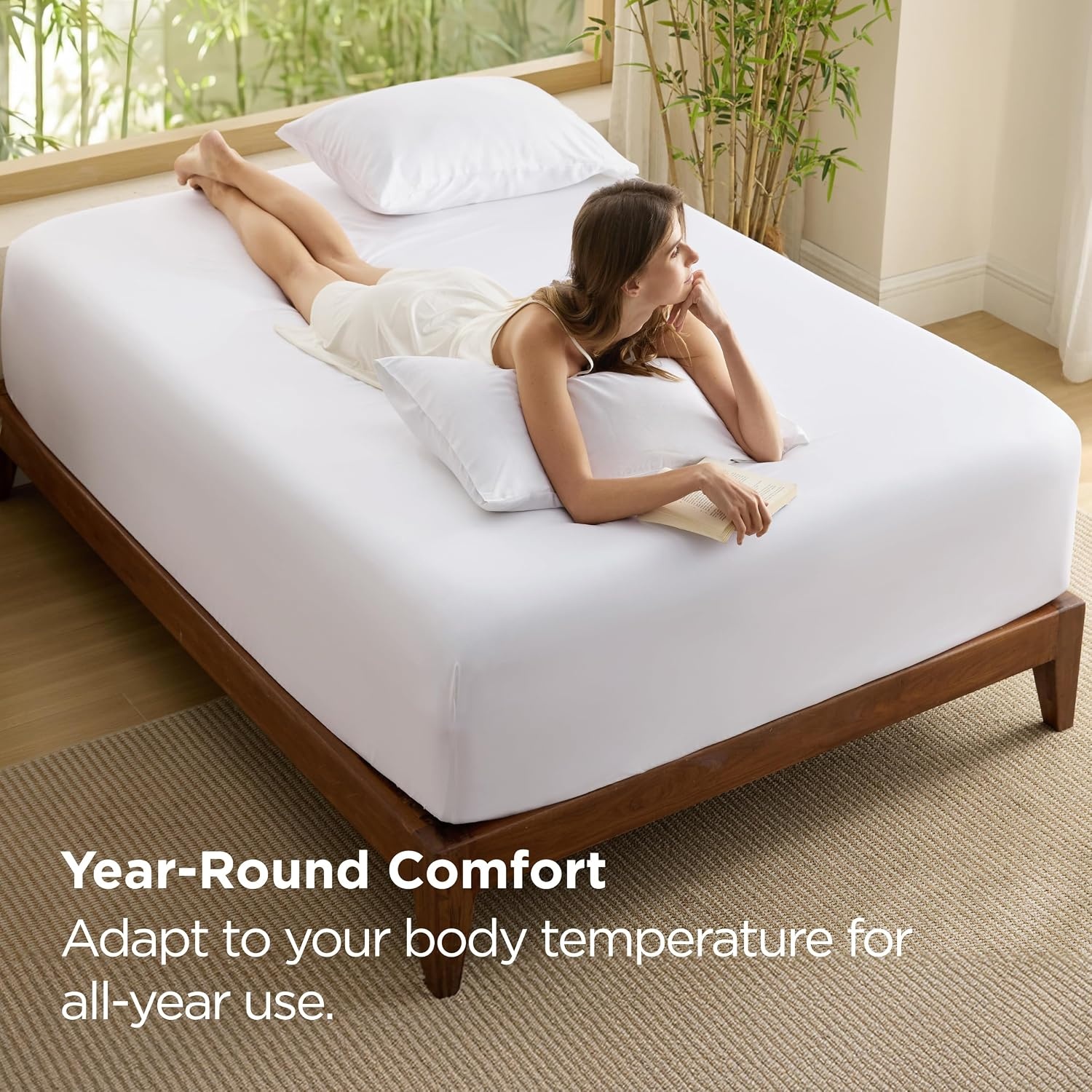 image:imageBedsure PureWoven Queen Fitted Sheet Qnly 100 Rayon Derived from Bamboo Cooling Bottom Sheet for Hot Sleepers Breathable amp Soft Deep Pocket Up to 18 Secure Elastic Corner Straps GreyWhite