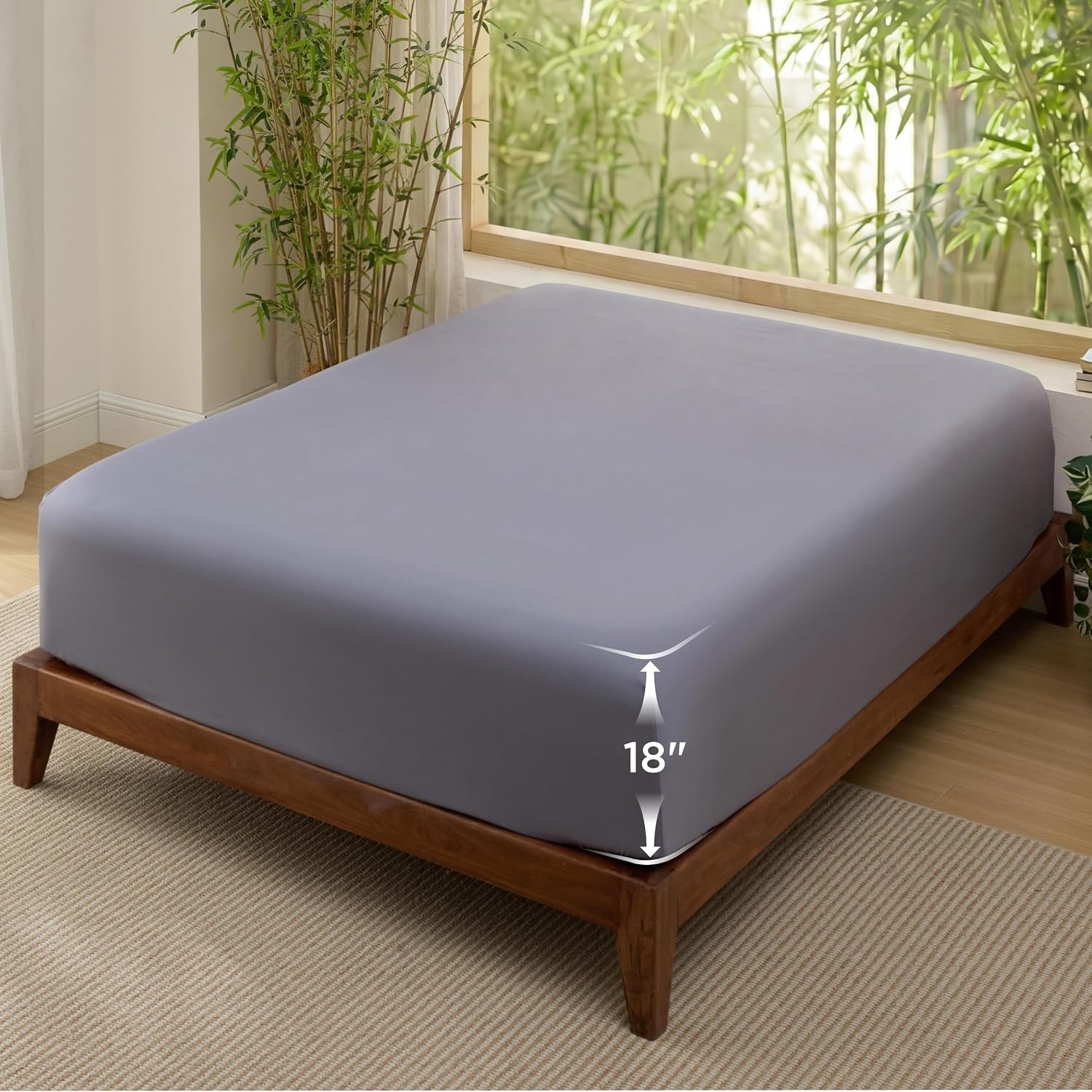 image:imageBedsure PureWoven Queen Fitted Sheet Qnly 100 Rayon Derived from Bamboo Cooling Bottom Sheet for Hot Sleepers Breathable amp Soft Deep Pocket Up to 18 Secure Elastic Corner Straps GreyGrey