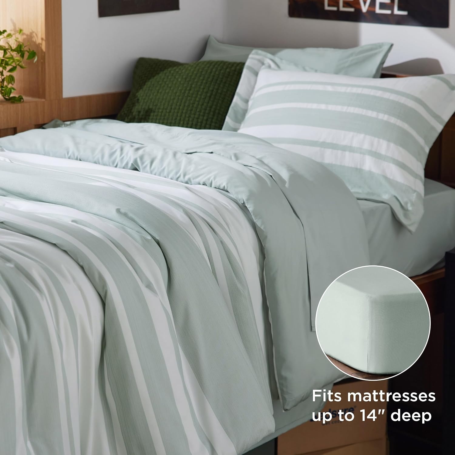 image:imageBedsure Queen Comforter Set 7 Pieces Grey Striped Bedding Set for All Seasons Reversible Cationic Dyeing Bed in a Bag with Comforter Sheets Pillowcases amp Shams03 Sage Green