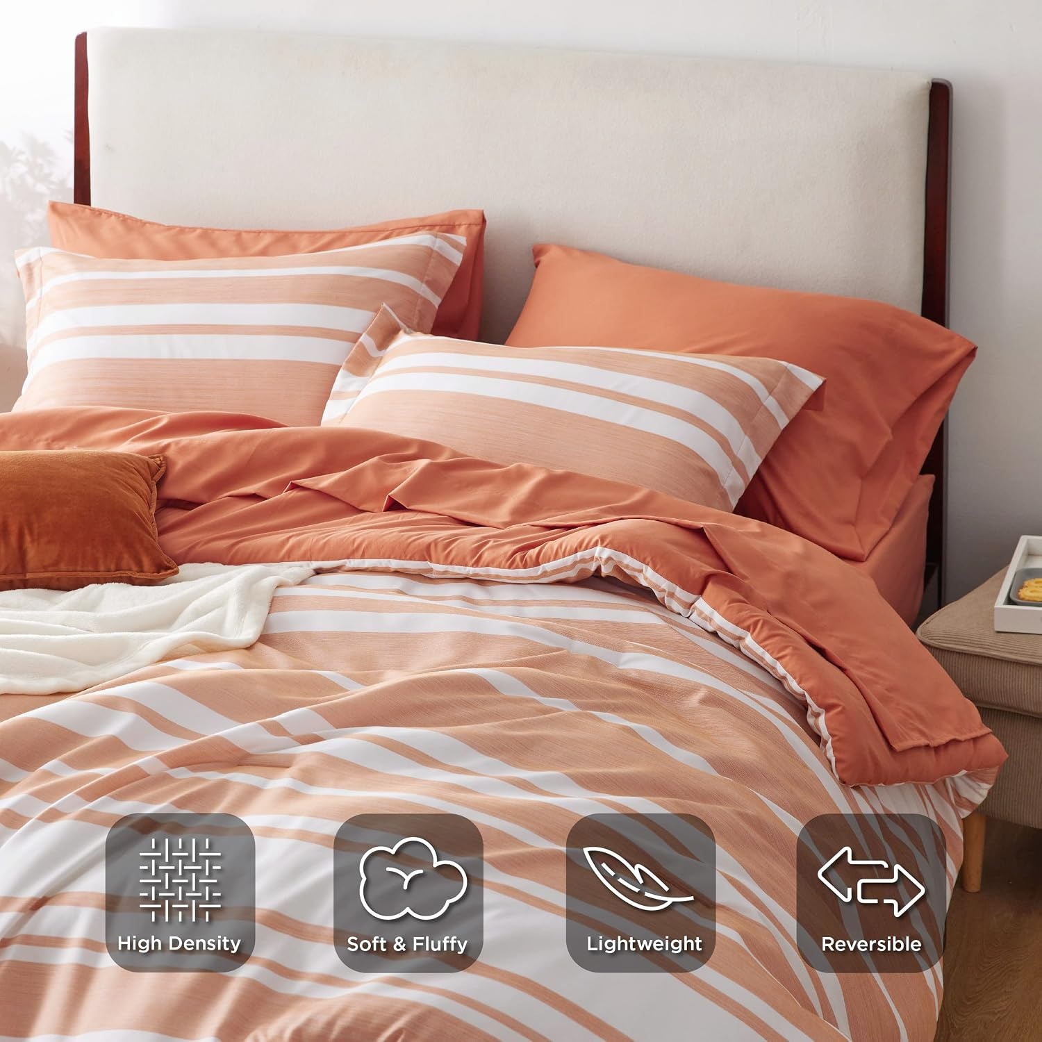 image:imageBedsure Queen Comforter Set 7 Pieces Grey Striped Bedding Set for All Seasons Reversible Cationic Dyeing Bed in a Bag with Comforter Sheets Pillowcases amp Shams12 Burnt Orange