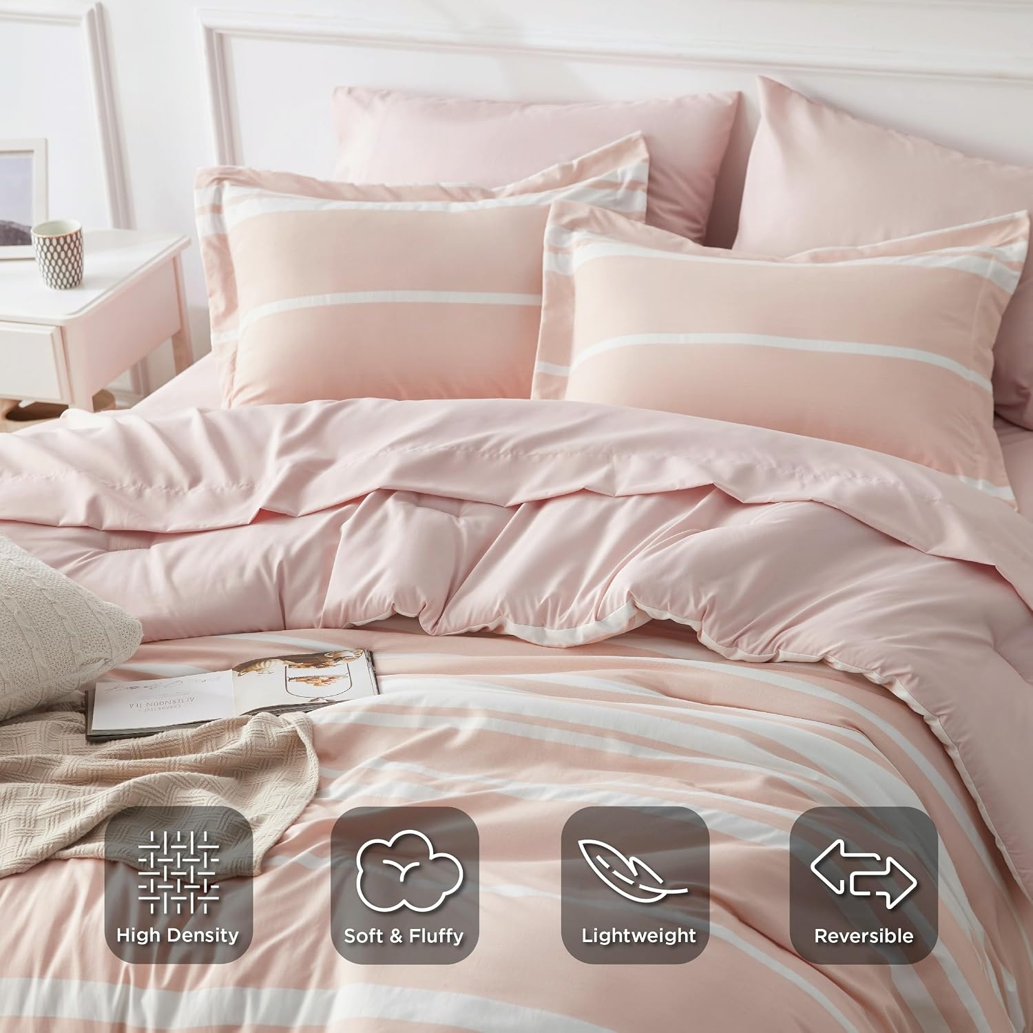 image:imageBedsure Queen Comforter Set 7 Pieces Grey Striped Bedding Set for All Seasons Reversible Cationic Dyeing Bed in a Bag with Comforter Sheets Pillowcases amp Shams15 Light Pink