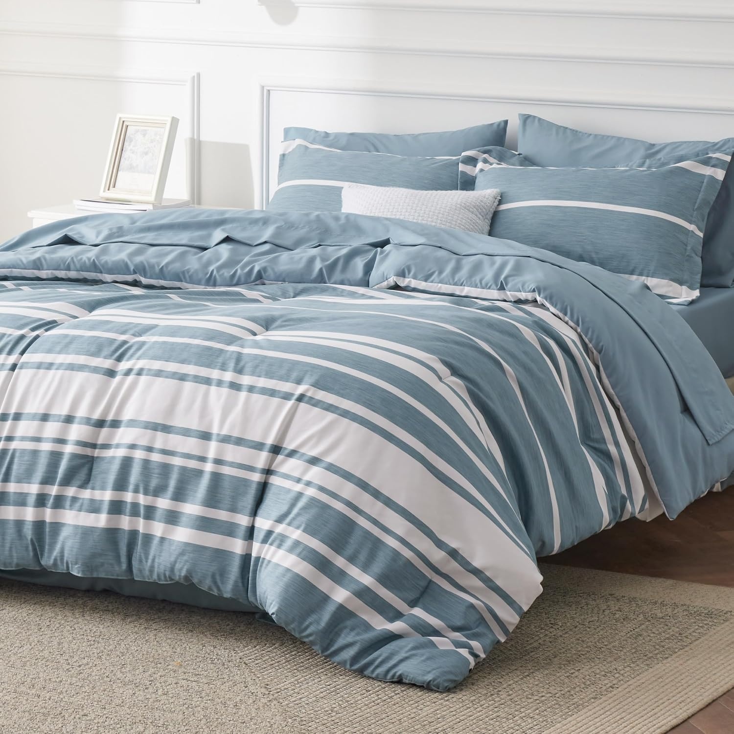 image:imageBedsure Queen Comforter Set 7 Pieces Grey Striped Bedding Set for All Seasons Reversible Cationic Dyeing Bed in a Bag with Comforter Sheets Pillowcases amp Shams13 Grey Blue