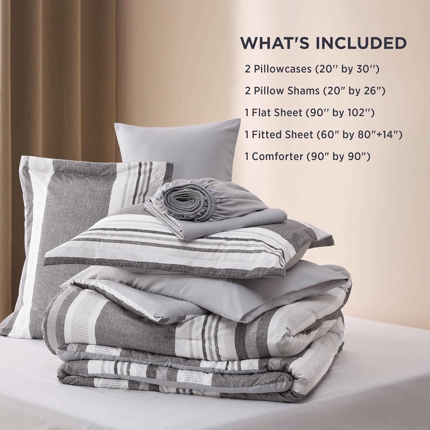 image:imageBedsure Queen Comforter Set 7 Pieces Grey Striped Bedding Set for All Seasons Reversible Cationic Dyeing Bed in a Bag with Comforter Sheets Pillowcases amp Shams20 Frost Grey