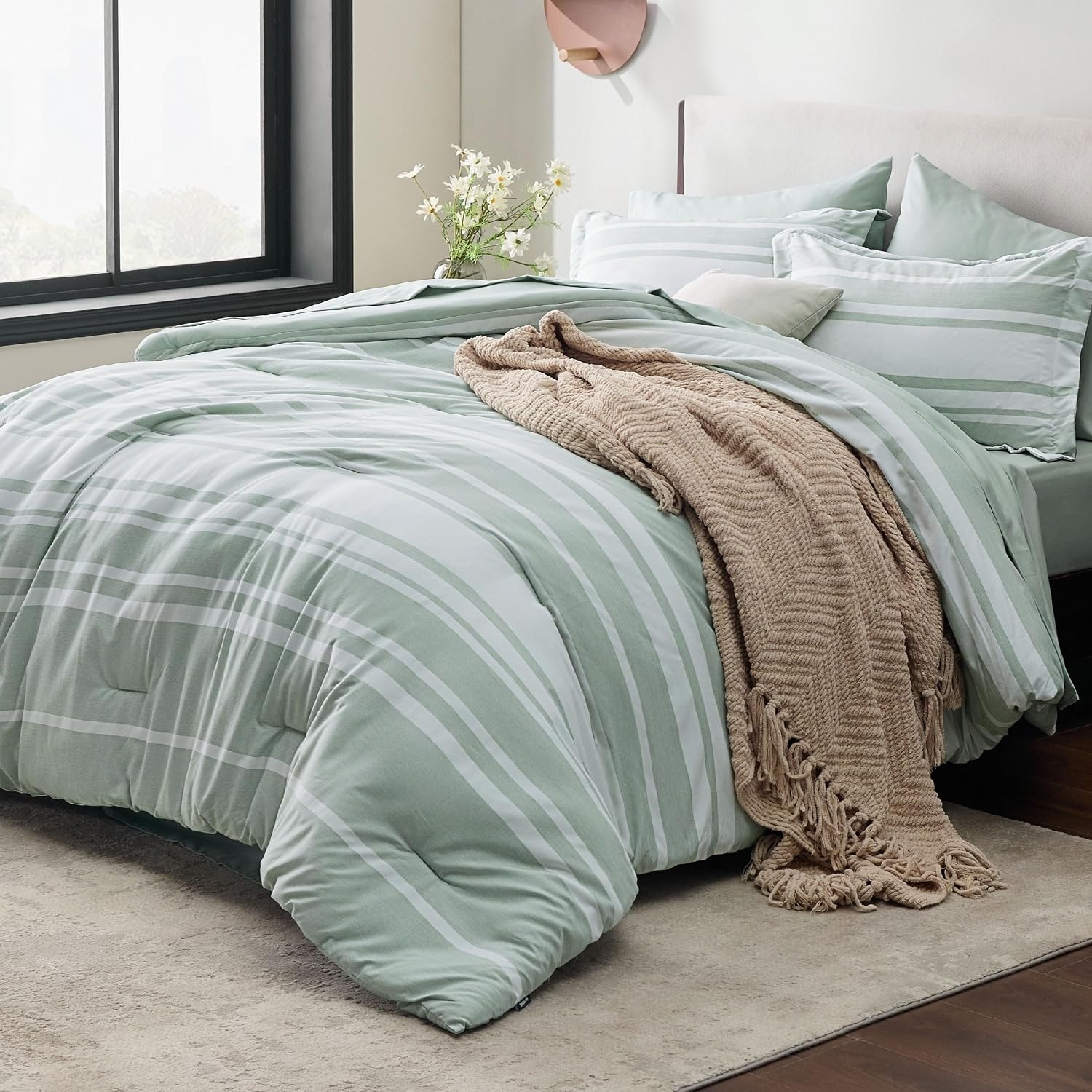 image:imageBedsure Queen Comforter Set 7 Pieces Grey Striped Bedding Set for All Seasons Reversible Cationic Dyeing Bed in a Bag with Comforter Sheets Pillowcases amp Shams03 Sage Green